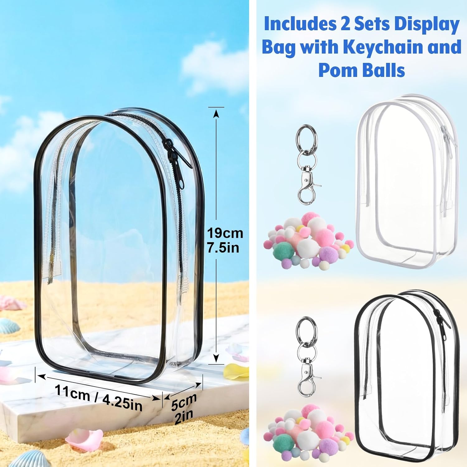 2 Pcs Figure Display Bag Doll Hanging Case Protective Storage Carrying Holder for Blind Box Figure Doll Collectibles - Dual Zipper & Waterproof Thicken Cover with Pompoms & Keychain (Large - 7" H)