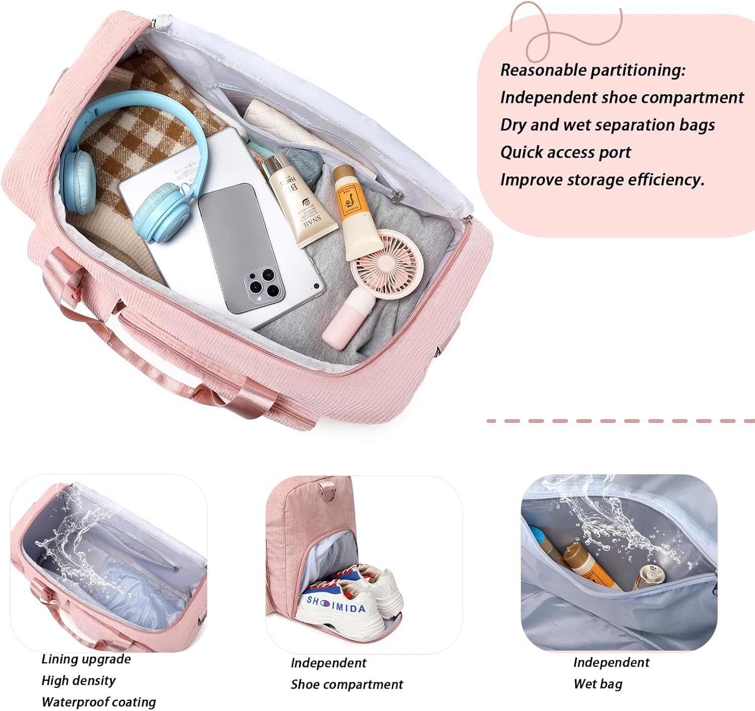 Girls Duffle Bag Woman Corduroy Travel Bag Kids Sports Duffel Bags With Shoe Compartment Wet Pocket (pink) - Image 5