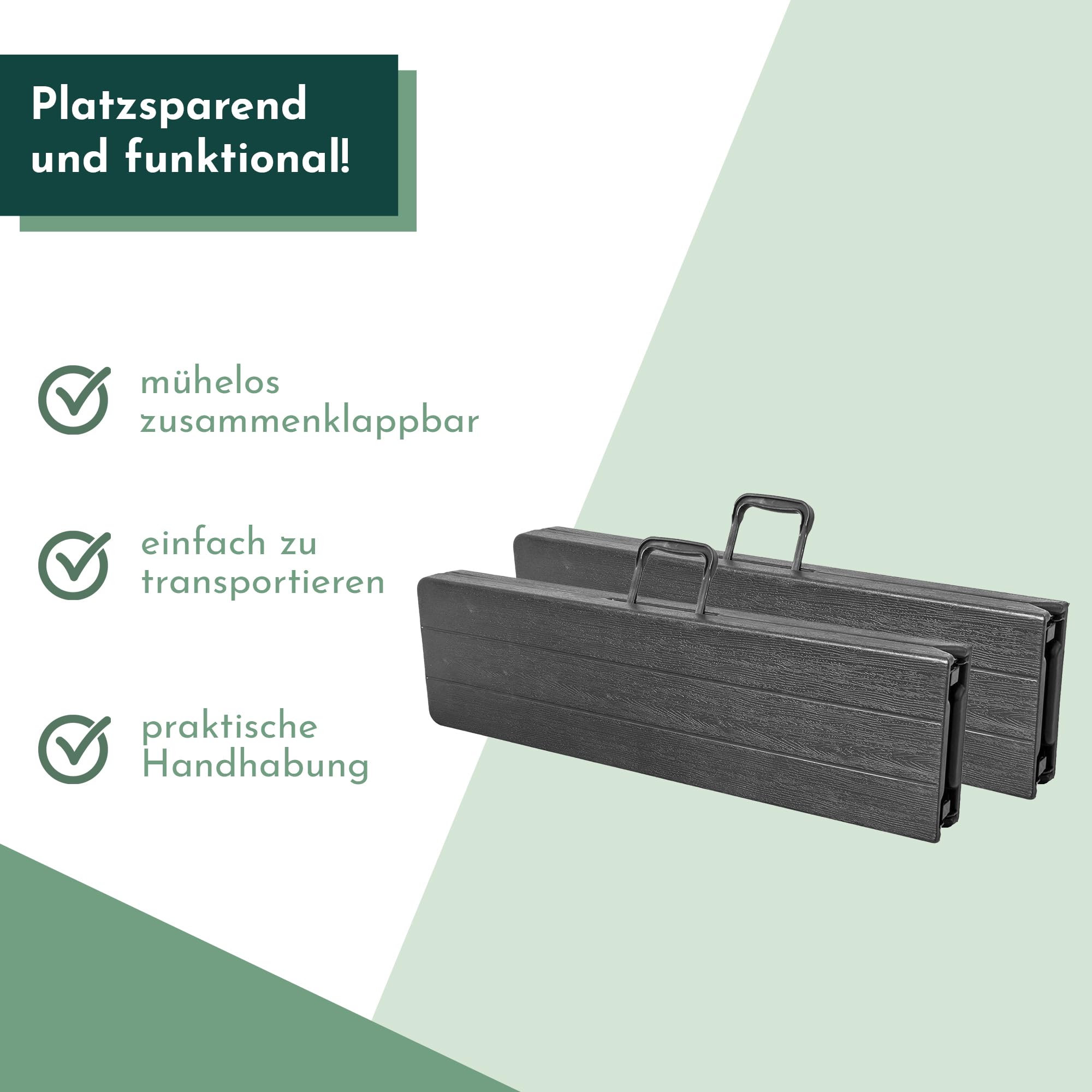 Lemodo Klappbank 2er Set – klappbare Bierbank 180 x 25 cm, bis 400 kg pro Bank belastbar, stabile Sitzbank für Garten, Camping und Feste, Holzoptik, platzsparend mit Tragegriff für 4 Personen