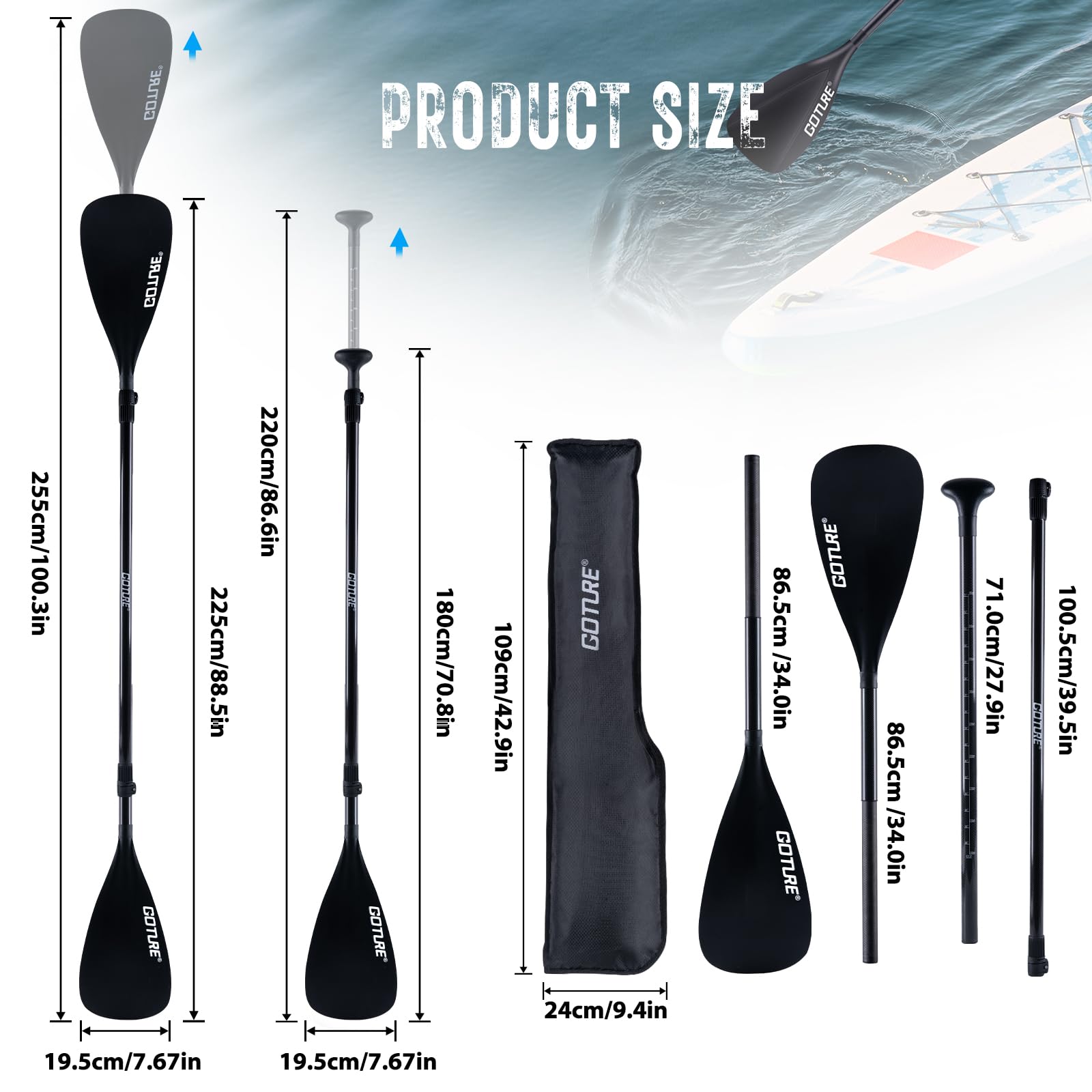 Goture Carbon Fiber Paddles Lightweight, SUP Paddles, Adjustable Carbon Shaft 4-Piece, 74’’ - 86’' Stand-up Paddle Oars for Paddleboards with Carrying Bag