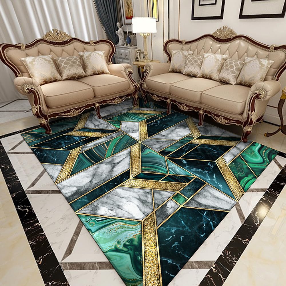 Tapis de salon lavable 100x140 cm motif marbre vert et or antidérapant