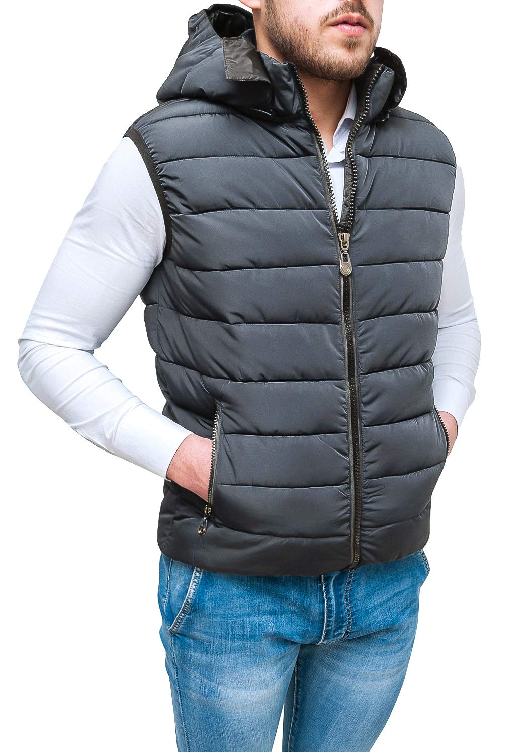 Evoga Chaqueta de plumón para hombre, Slim Fit, color azul, chaleco bomber sin mangas con capucha