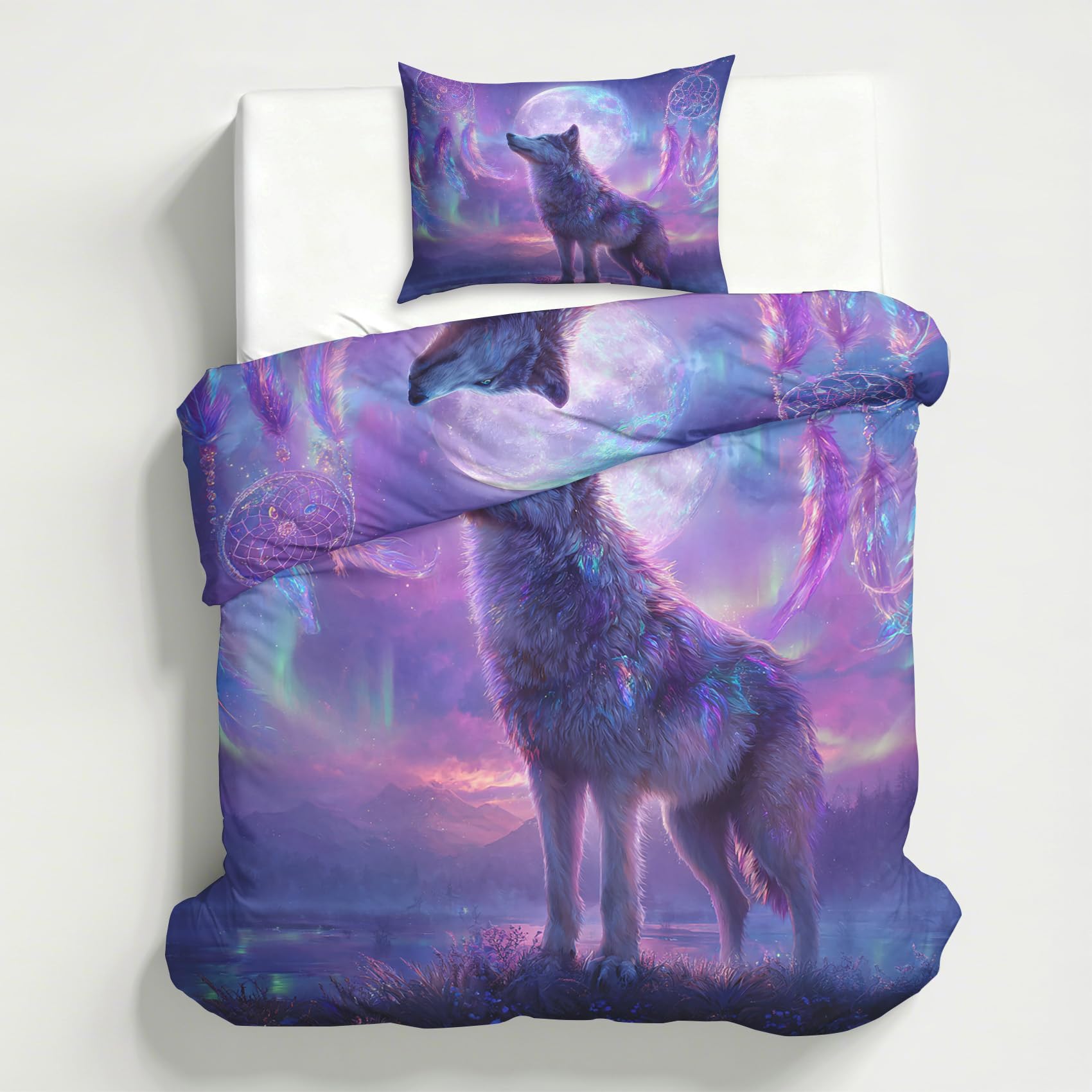 Generisch Traumfänger Wolf Bettwäsche 200x220 cm, Verträumte Dreamcatcher Bohemian Bettbezug, Bettwäsche-Sets 3 Teilig, Wendebettwäsche + 2 Kissenbezüge 80x80 Weich Mikrofaser Schlafzimmer Deko M15