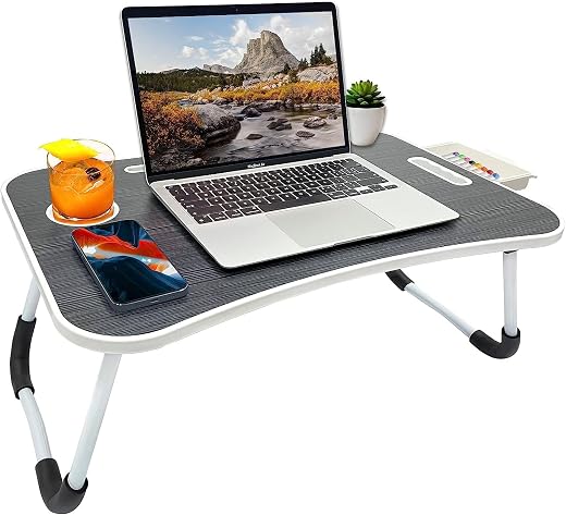 GoRogue Foldable Wooden Mini Laptop Table for Bed, Study Table with Drawer, Tablet/Mobile Holder for Kids & Adults (Blac...