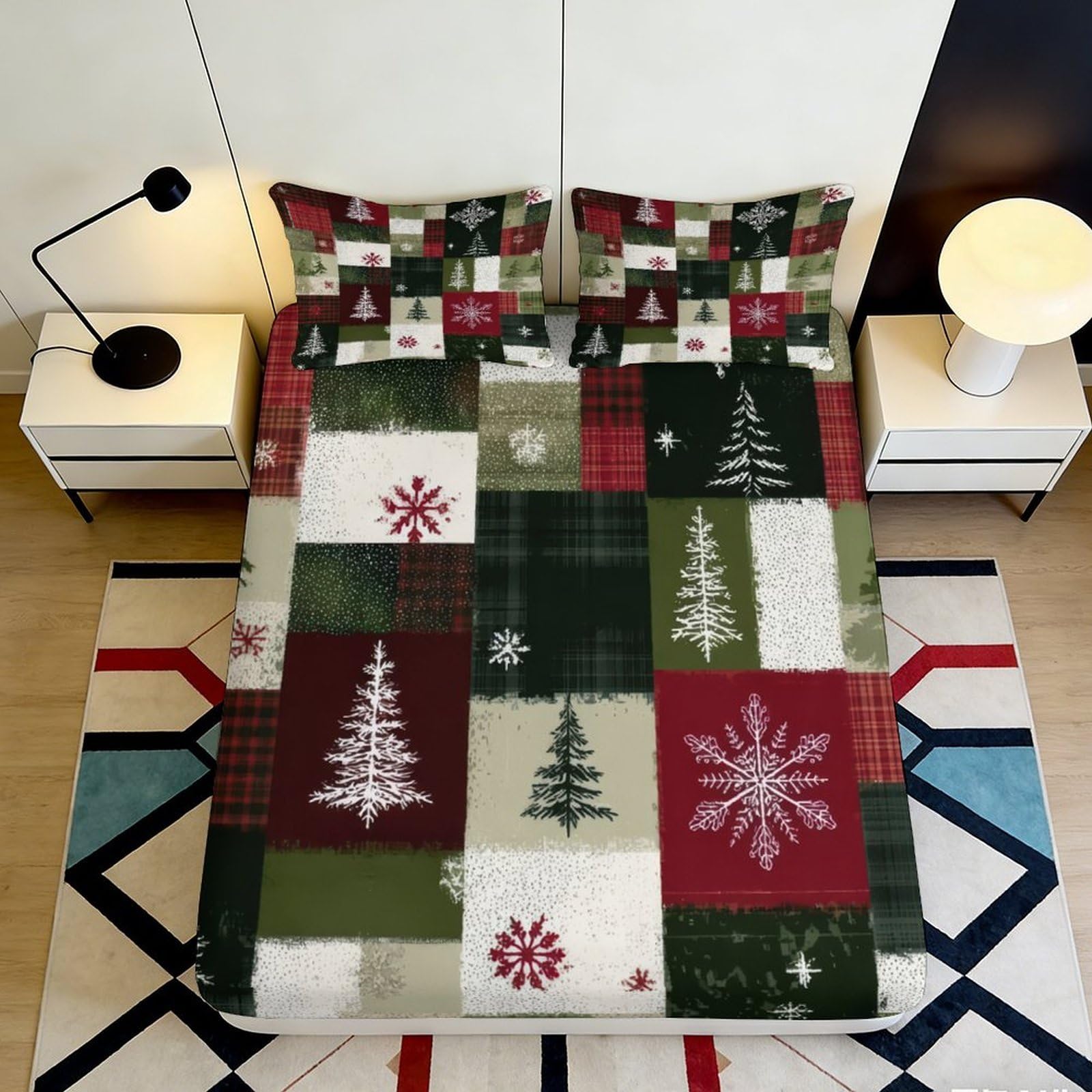 Pnayamiorkfel Style-4 3D Printed Christmas Patchwork Fitted Sheet Microfiber Soft Red Green Snowflake Tree Mattress Cover For Bedroom Dorm Decor 90X200x25cm