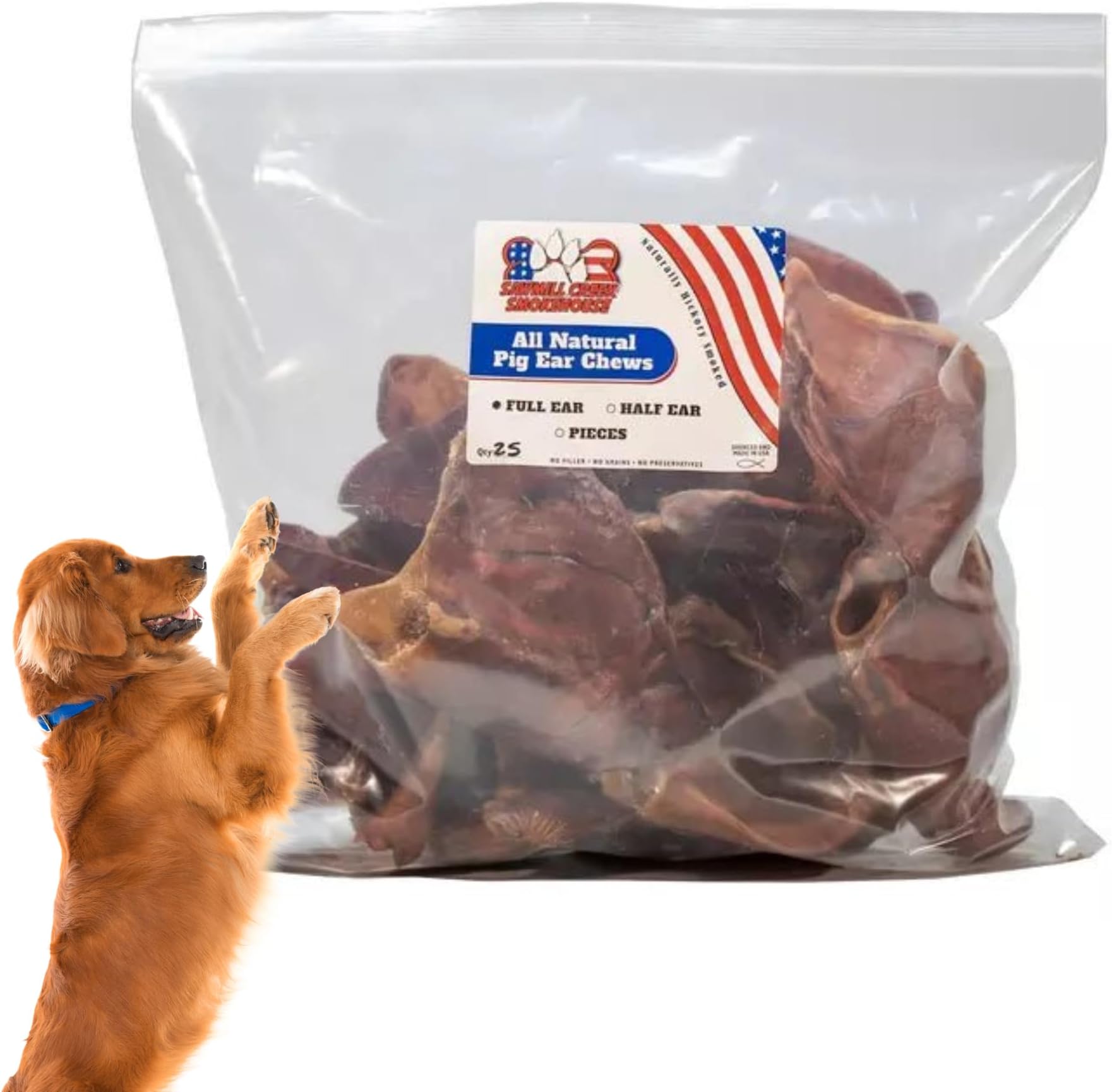 Sawmill Creek Smokehouse- Healthy and Natural Jumbo Pig Ears for Dogs- Promote Dental Health with Our Long Lasting Dog Treats- Sourced and Made in The USA- Natural Dog chews-25 Pack