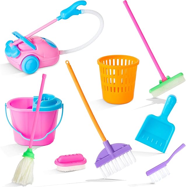 9 Pieces Miniature Dollhouse Accessories Miniature Mop Dustpan Bucket Brush Dollhouse Miniature Cleaning Tools Dollhouse Garden Accessories Miniature 1:12 Scale Doll House Cleaning Tools for Doll Toy