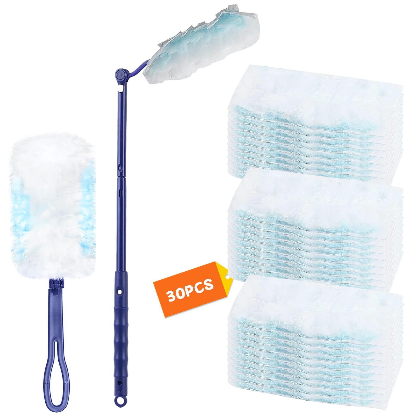 Linxiu Blue, White Disposable Dusters For Cleaning Hand Duster Refills Disposable Electrostatic Duster With 2 Handle For Blinds Car Furniture 30Pcs