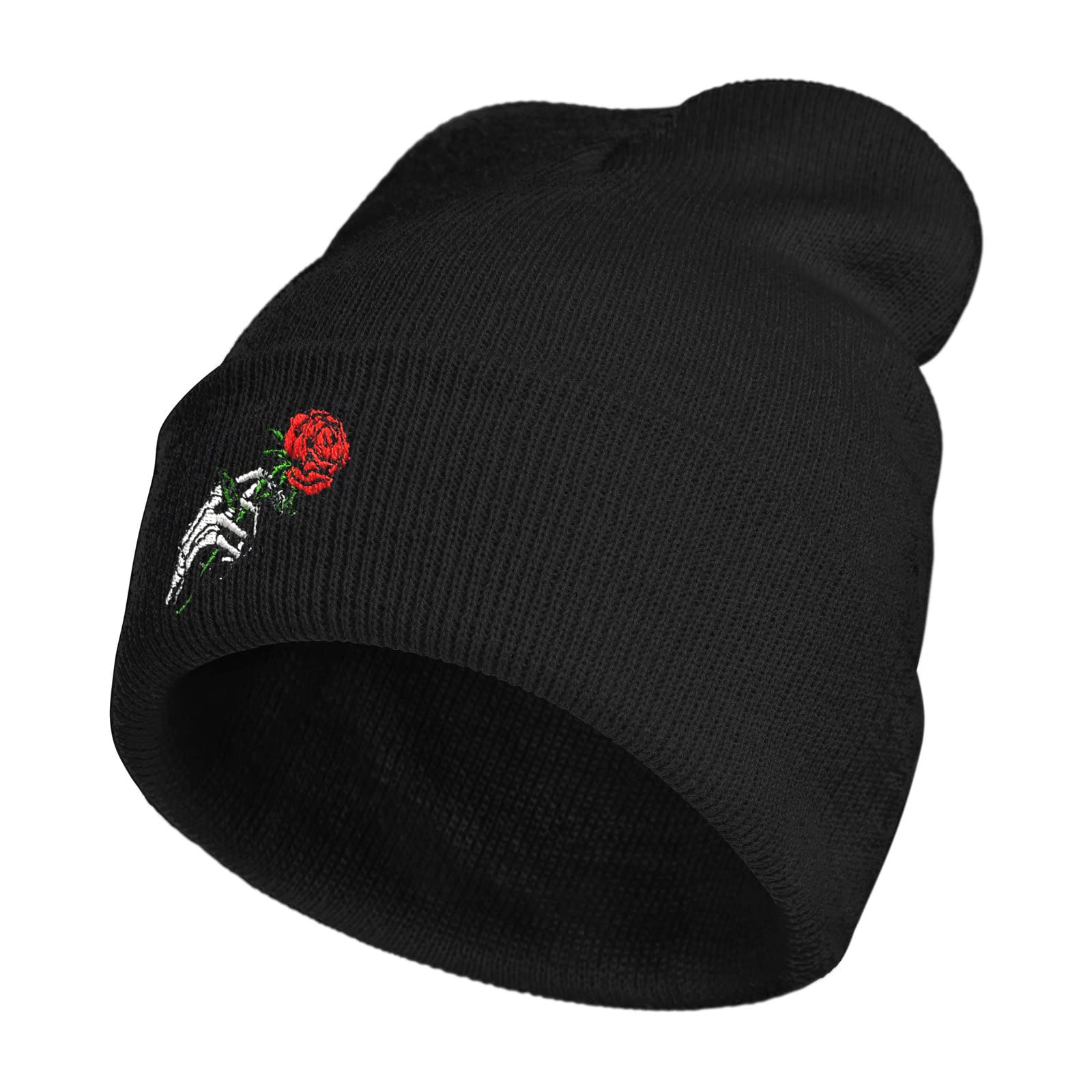 Skeleton Skull Rose Embroidery Beanie Hat for Men Women Winter Warm Stretch Skull Knit Hats Cap Black, Black 1, One Size