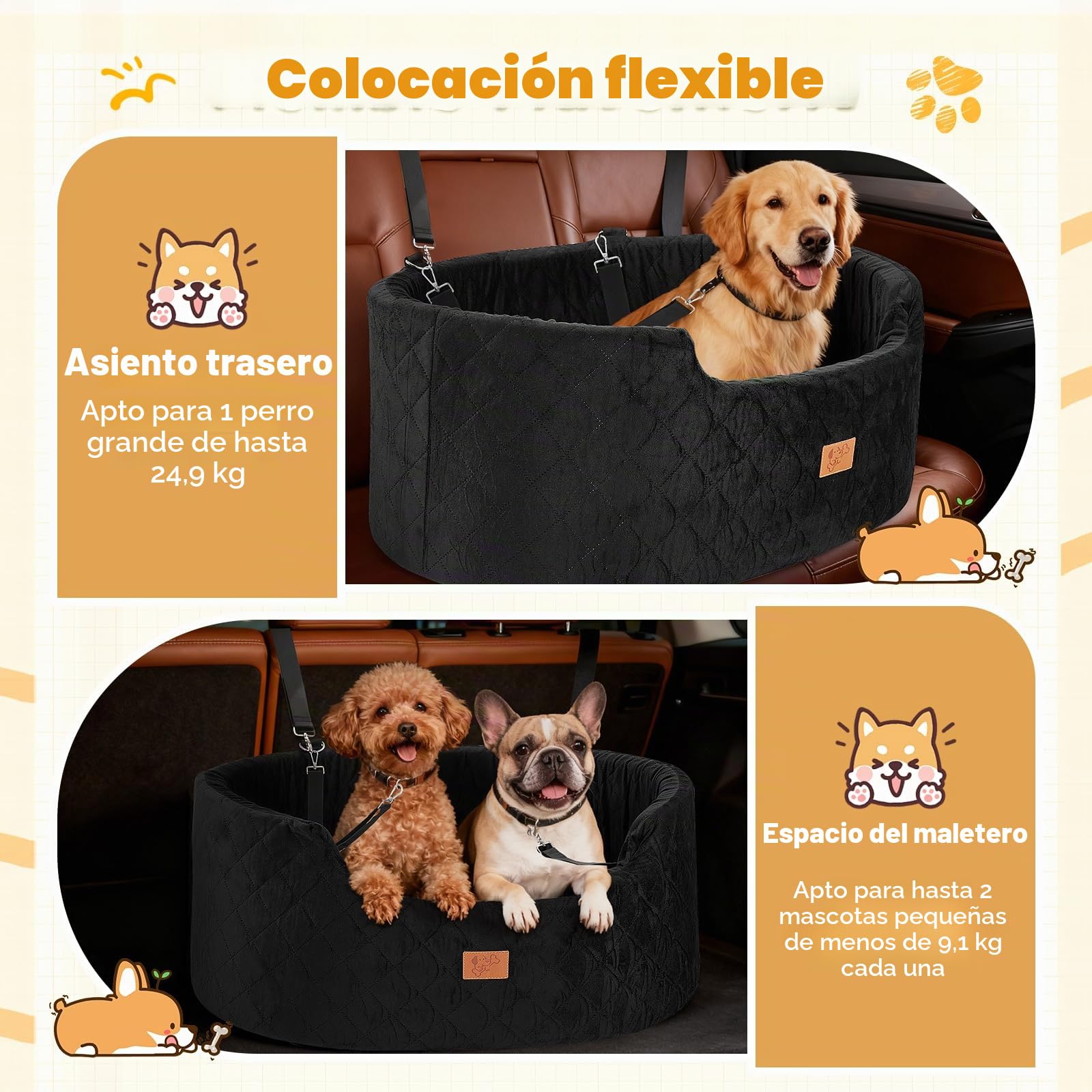 Asiento de Coche para Perros Medianos/Grandes, con Asiento Extraíble, Cuerda de Seguridad & Base Antideslizante y Funda Extraíble, Asiento de Coche para Perros (Redondos 78x52x36CM)