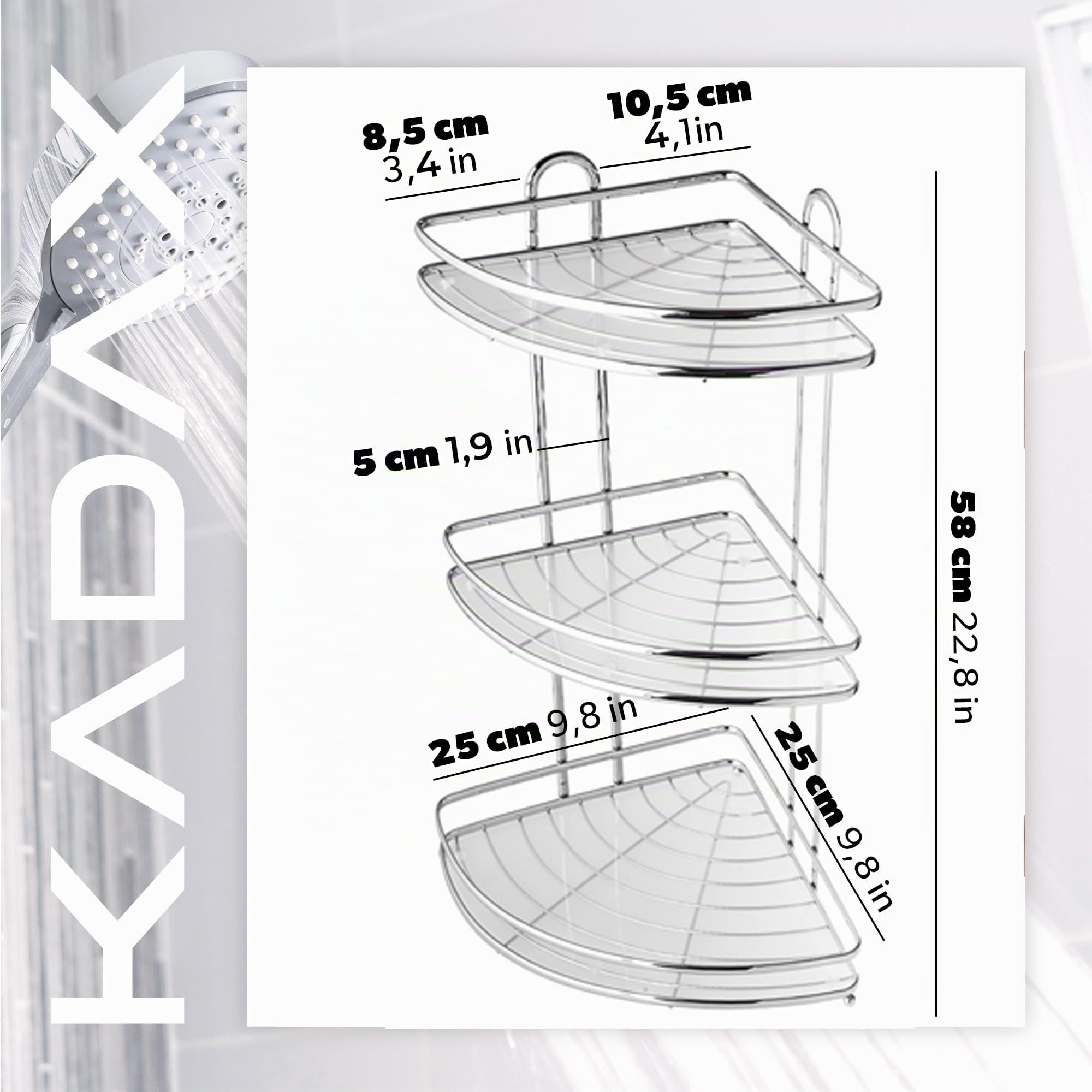KADAX Duschablage Ecke, Badezimmer Organizer, Eckregal, Badregal, Duschregal, Duschgel und Shampoo Halterung für Dusche, Duschkorb (Silber, 3 Etagen)