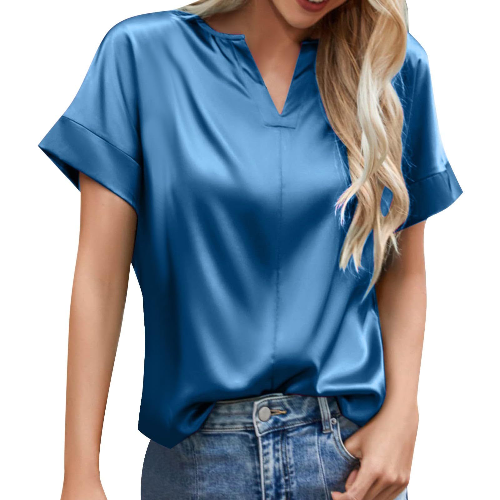 Generic Blusa de satén para mujer, elegante, túnica para mujer, verano, manga corta, cuello de pico, camiseta básica, moderna, elegante, blusa de fiesta, camiseta monocolor, blusa informal, holgada, camiseta,