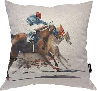 Beabes Horse Race Competition Throw Pillow Case Racing Horses with Creative Jockeys Watercolor Painting Soft Square Cushio...