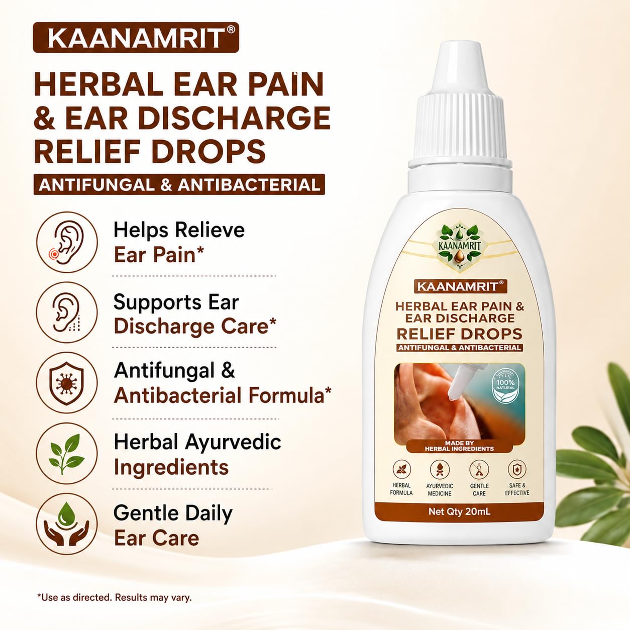 Herbal Ear Drops for Ear Pain & Ear Discharge Care | Ayurvedic Ear Care Oil with Neem, Tulsi, Haldi, Ajwain & Kapoor | Natural Herbal Formula | Daily Ear Hygiene Support | 20 ml (PACK OF 2) — Amazon image 2