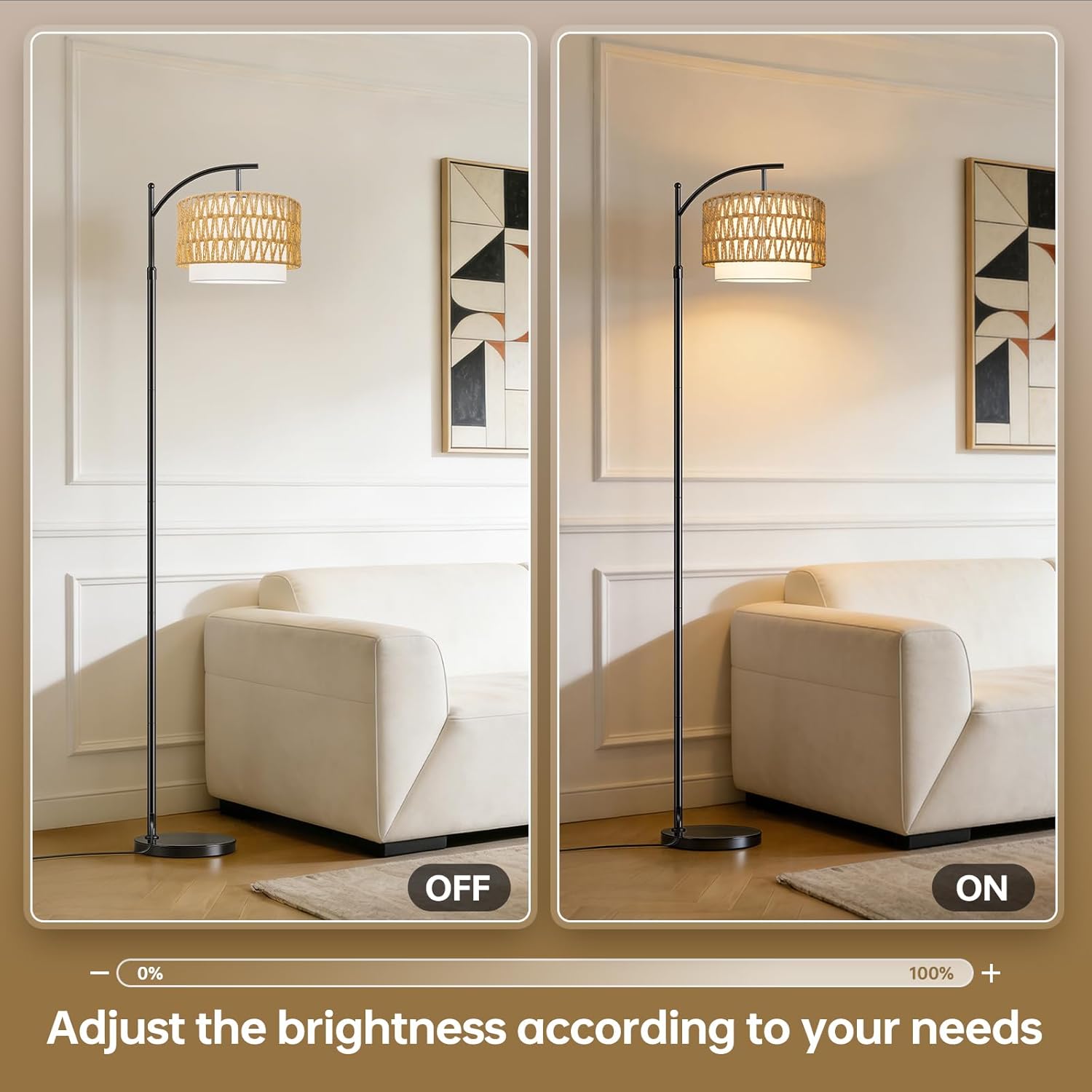 Floor Lamps for Living Room Rattan Boho Floor Lamp with Shade, Boho Standing Lamp with Rattan & Fabric Shades, Adjustable Tall Lamp for Living Room Bedroom