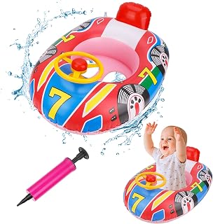 Pwsap Baby Swimming Ring, Cartoon Car Inflatable Baby Swimming Float PVC Safety Aid Float Seat Circle Swim Float Boat with Inflator and Handle for Toddler Floating Training (Pink)