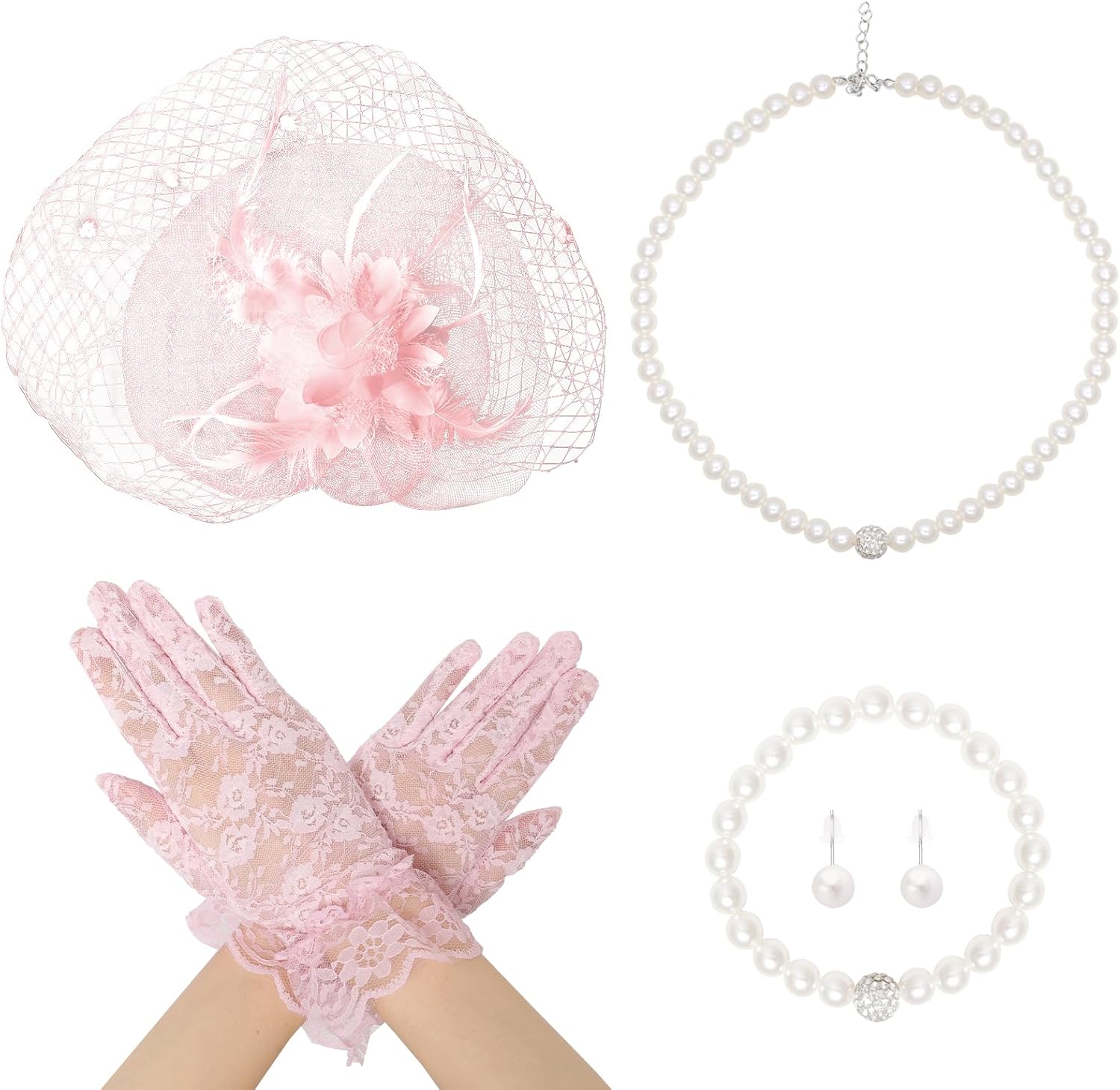 5pcs Tea Party Accessories Set Vintage Fascinator Hat Lace Gloves Necklace Earrings Bracelet for Bridal Showers Church