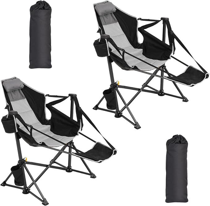 Camping Chairs 2 Pack, Portable Outdoor Folding Camping Chairs Swinging Hammock Chair Adjustable Back Rocking Camping Chair with Footrest, Headrest, Cup Holder & Carry Bag