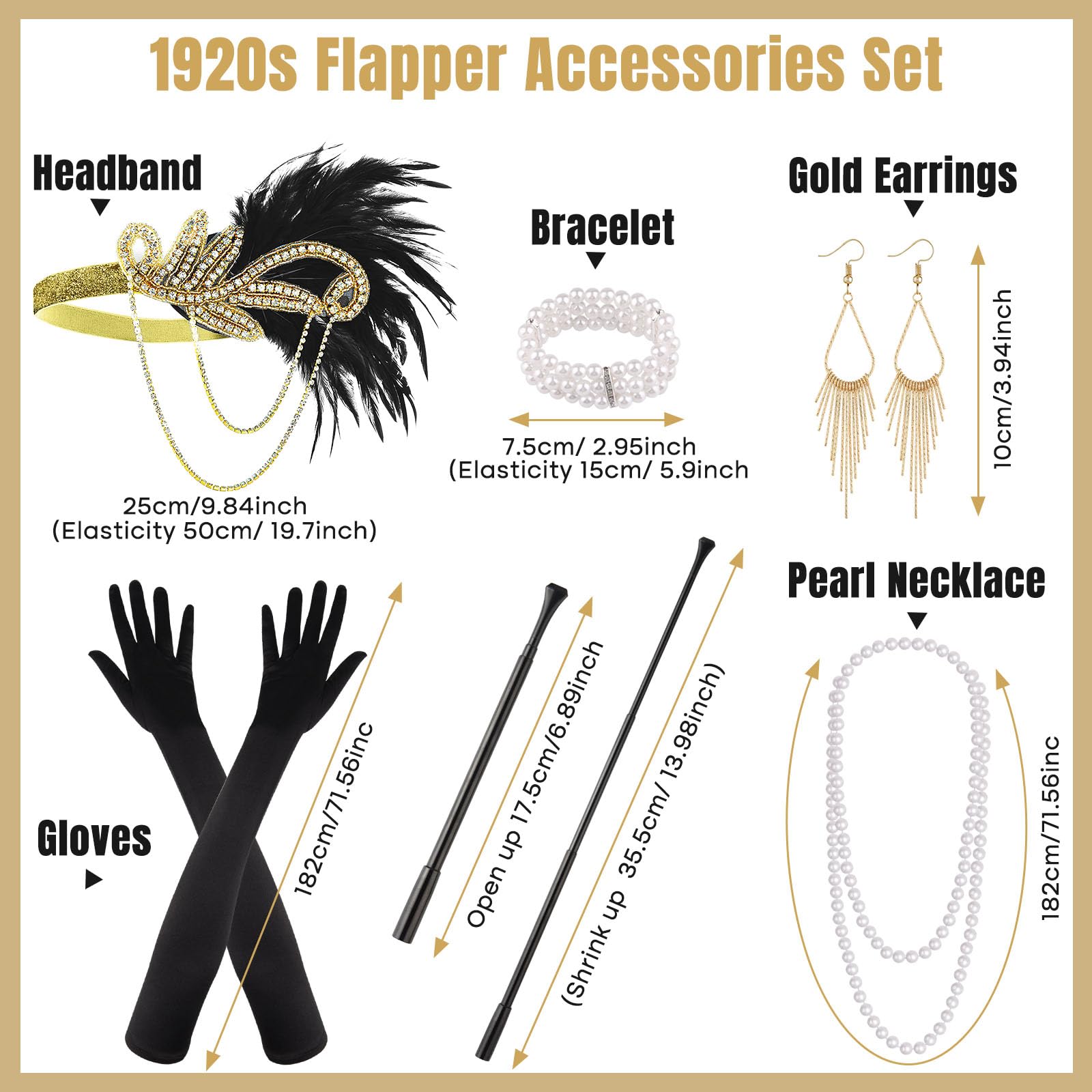 PLULON Zestaw akcesoriów Flapper Great Gatsby z lat 20. XX wieku, modny zestaw tematyczny z opaską na głowę, długie czarne rękawiczki, naszyjnik, kolczyki dla kobiet