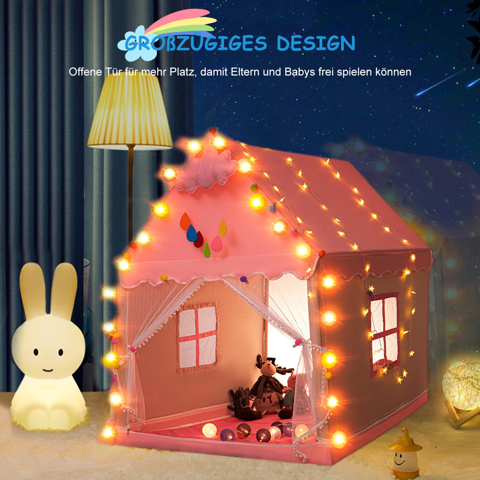 Ergocar Tipi Zelt für Kinder, Kinderzelt für Drinnen Mädchen, Draußen Spielzelt für Jungs, Prinzessin Prinz Traumschloss mit Farbige Kugeln & Sternlichter, Zelt Kinderzimmer Geburtstag Geschenk