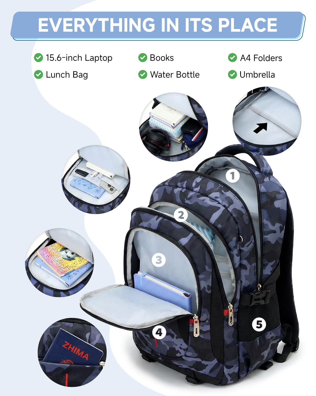 Amythe Zaino Scuola con Ruote per Ragazzi 6 Ruote Camouflage Nero | Trolley Scolastico con Carrello Estraibile, Zaino Ragazzo Scuola Elementare Medie e Superiori, PC 15.6", Ritorno / Viaggi