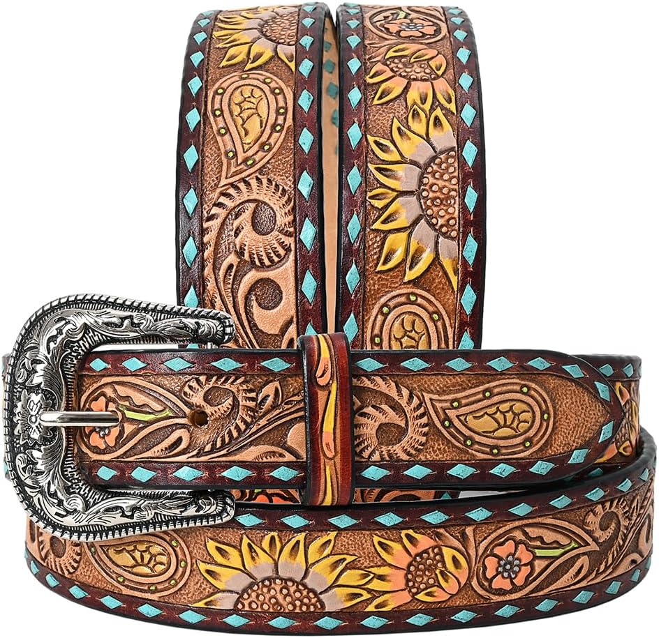 American Darling Beautifully Hand Tooled Tan Genuine Leather Belt Men and Women Western with Removable Buckle