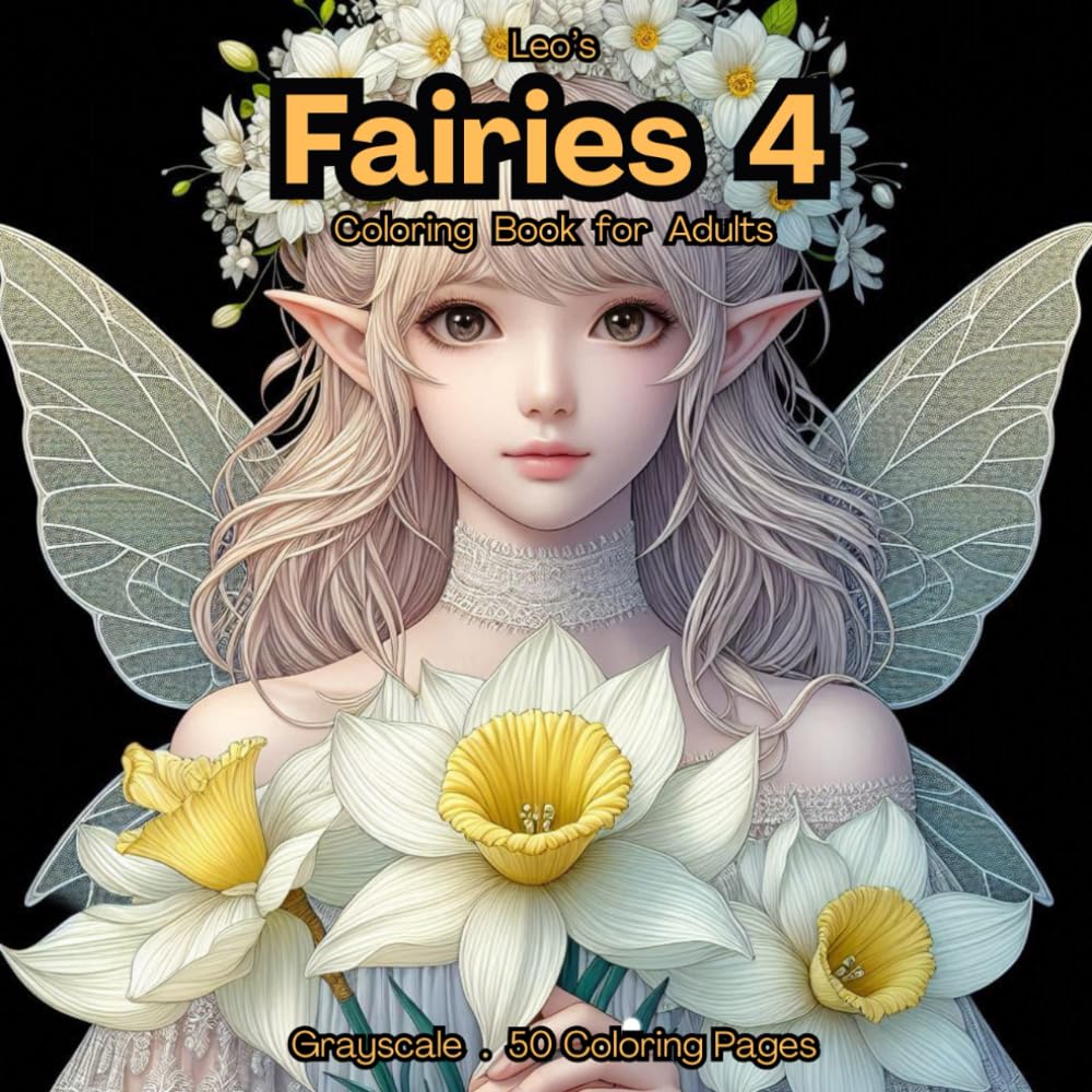 Leo's Fairies Coloring Book for Adults 4: . Grayscale . 50 Coloring Pages . Beautiful Fairies with Flowers . Relaxation (Leo's Coloring Books)