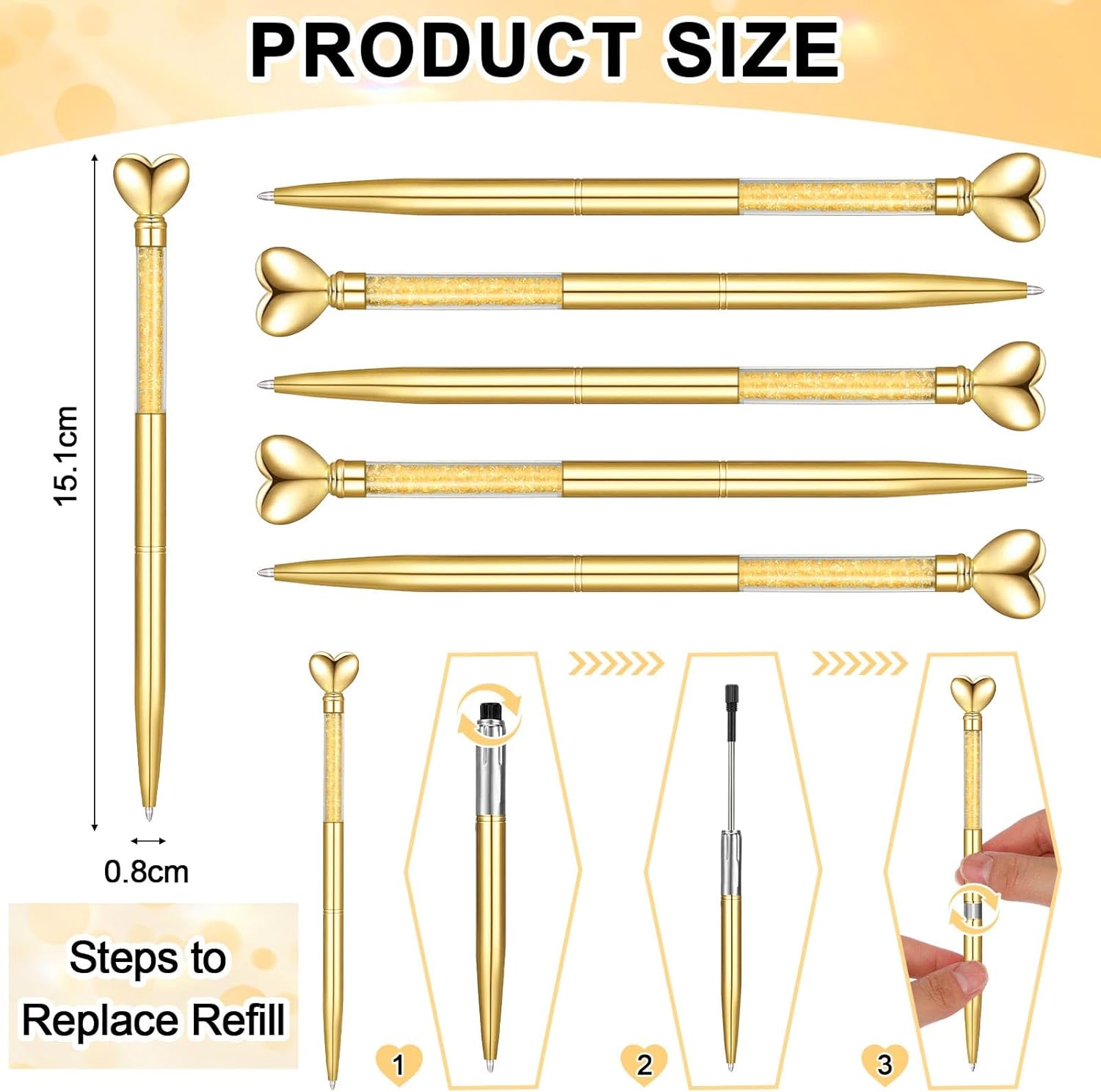 Hushee 24 Pcs Heart Pens Bulk Glitter Retractable Metal Ballpoint Pen with Black Ink Diamond Crystal Bridal Shower Gift for Coworker Office Staff School Classroom Wedding(Gold)
