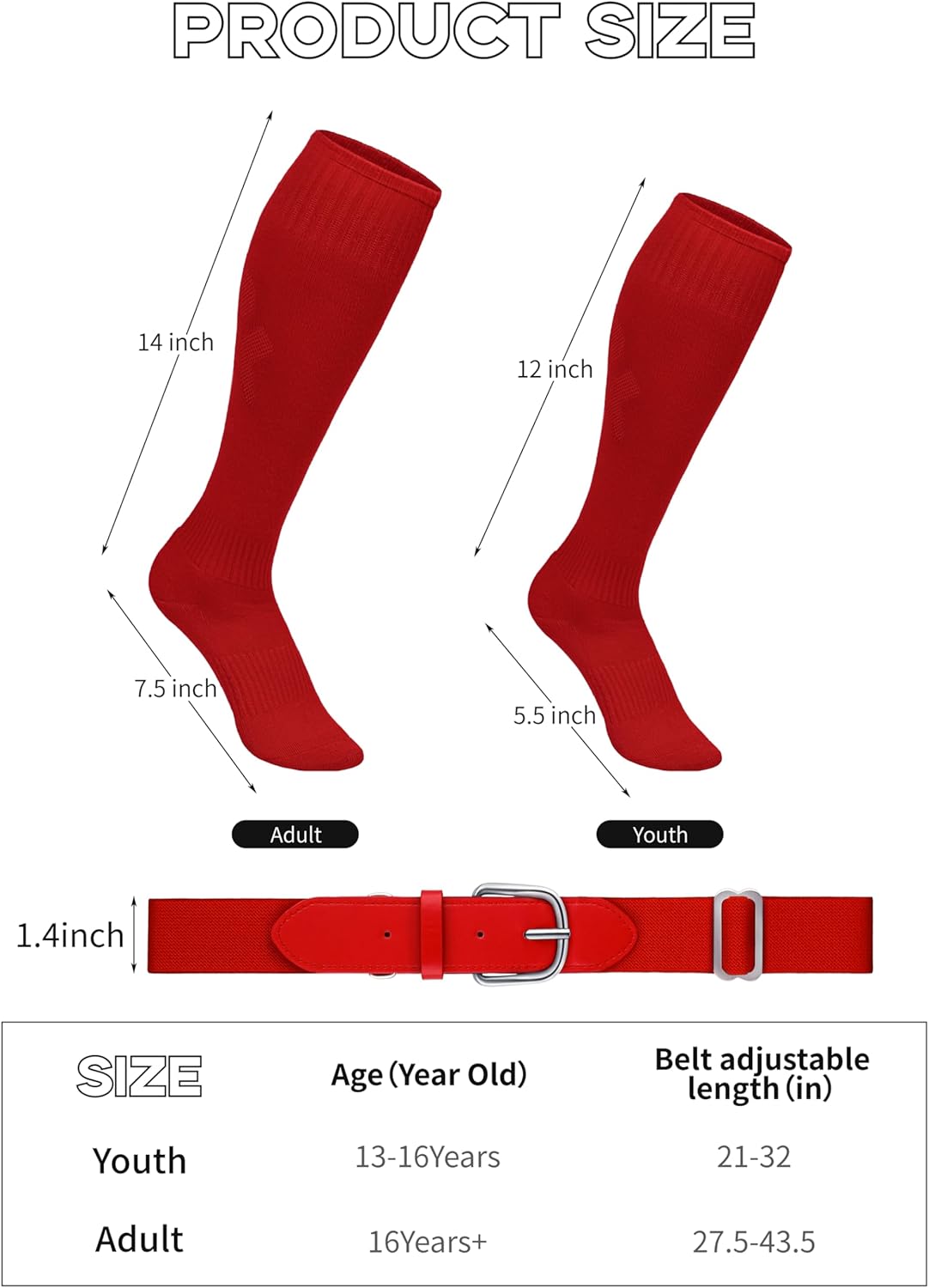 Youth Adult Baseball Socks and Belts Combo Set Cotton Baseball Softball Socks Adjustable Belt for Youth Adult - Image 2