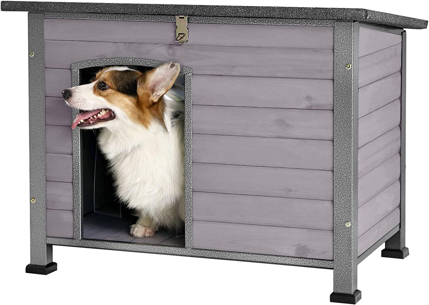 Dog House Indoor, Outdoor Insulated Cat House Weatherproof Dog Kennel for Small Medium Dogs, Pet Crate Wooden with Elevated Floor Weatherproof, Unique All-Around Iron Frame
