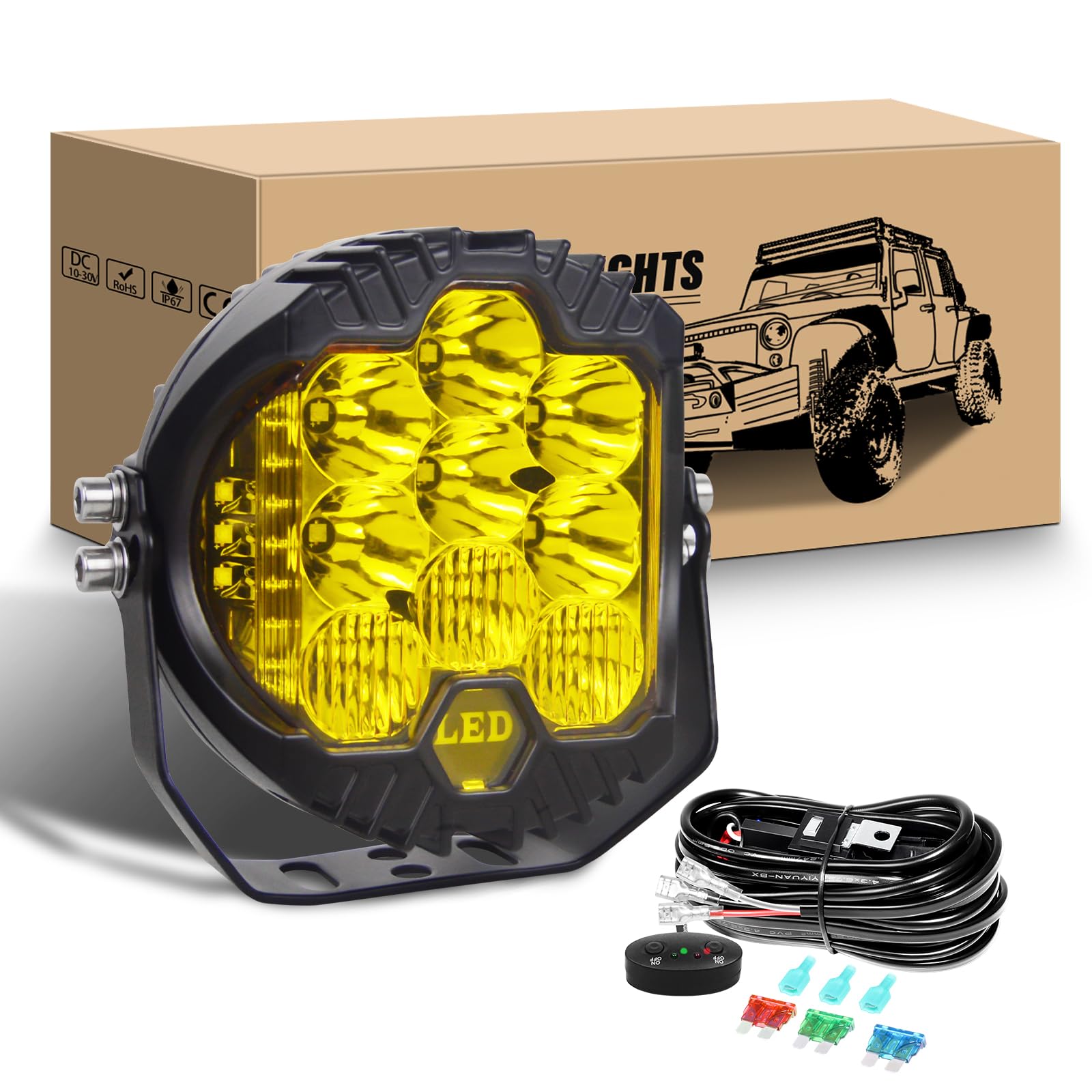 RIGIDON 7 Pulgadas 75W Redondo Faros de Trabajo Led con 12v kit de cableado, faros led 4x4 largo alcance para tractor off road camión coche todoterreno vehículos, 3000K ámbar faros antiniebla