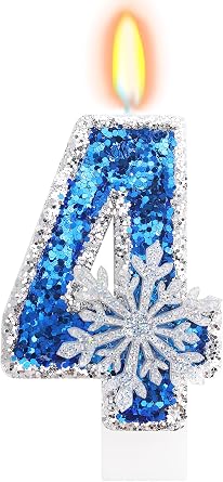 Frozen Themed Birthday Decorations, Snowflake Number 4 Candles for Kids Adults Birthday Party Supplies, 2.76 inch Glitter Cake Topper Decorations Number 4