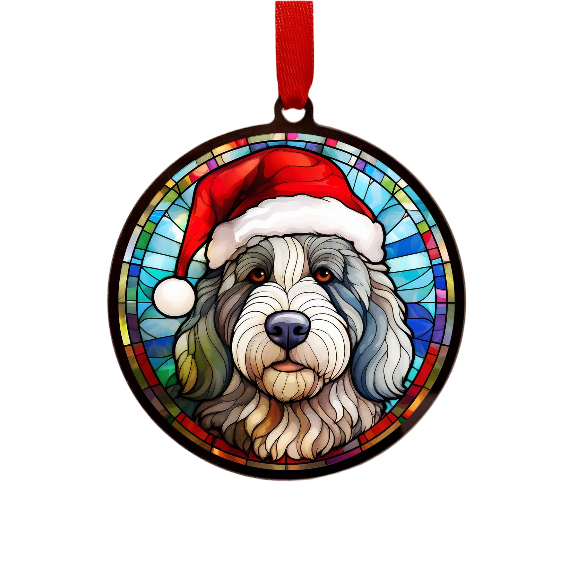 Old English Sheepdog Suncatcher Decoration Santa Hat Christmas