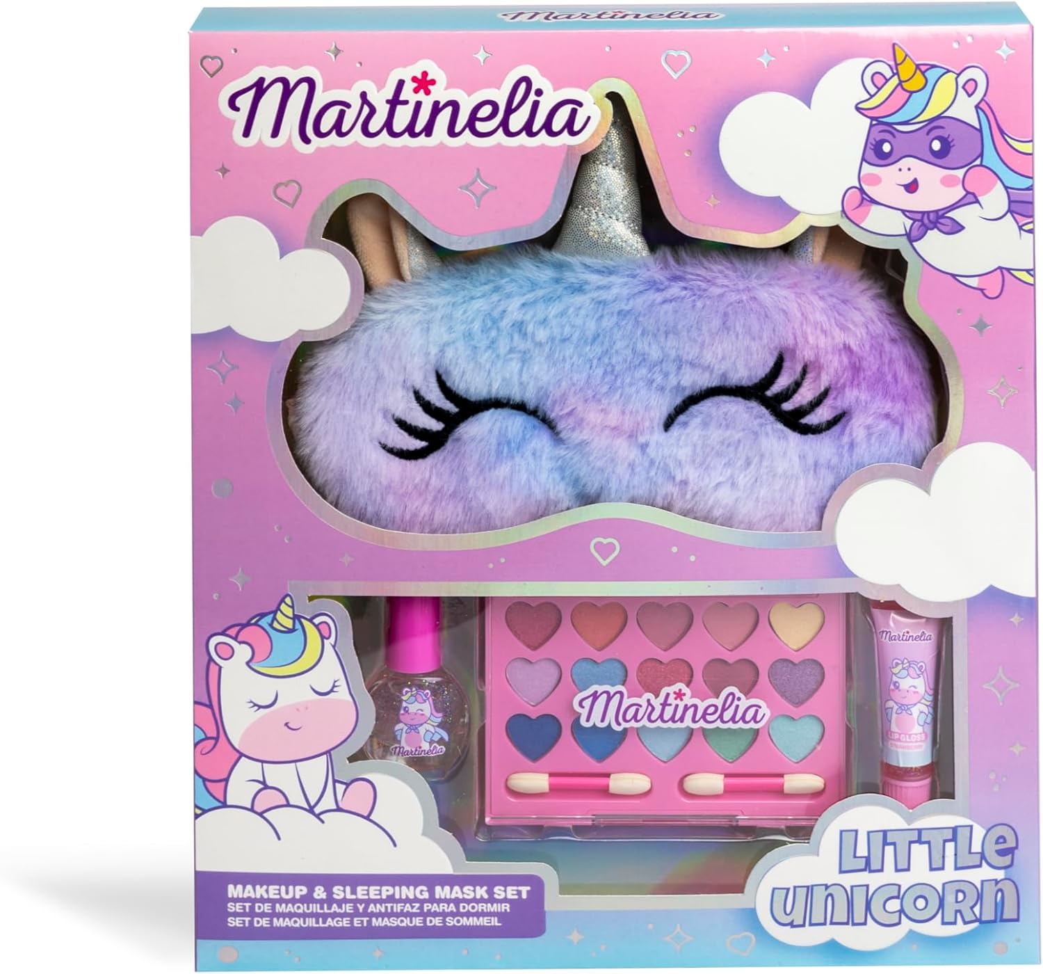 MARTINELIA – Make-upset voor kinderen en nachtmasker eenhoorn – palet met 15 oogschaduw + 2 applicatoren + 1 nagellak + 1 lipgloss + 1 slaapmasker – cadeau voor meisjes vanaf 3 jaar