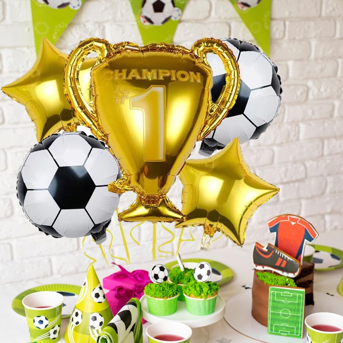 5x Fußball-Luftballons 18 Zoll – Mit Trophäe & Sternen, Alufolie, Wiederverwendbar, Für Kindergeburtstage & WM-Partys