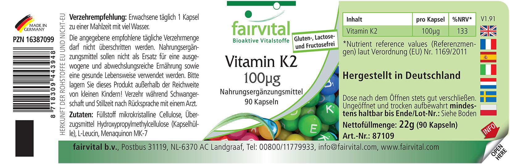 fairvital Vitamin K2 MK-7 100µg, 270 Kapseln (90x3), HOCHDOSIERT, Menaquinon MK-7, natürlich & fermentiert aus Natto, VEGAN