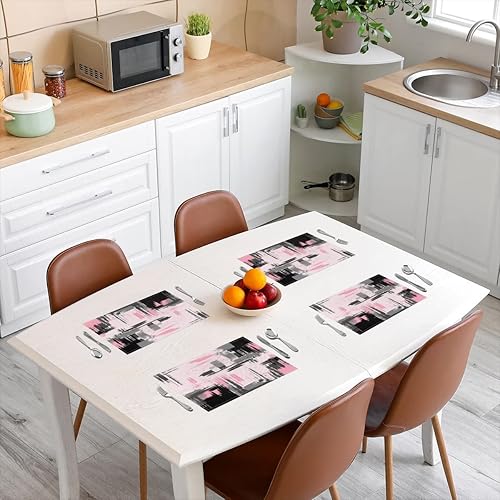 Miniatura 3 de jejeloiu Manteles individuales abstractos de 12 x 18 pulgadas, juego de 4 manteles individuales modernos de arte abstracto, color rosa y negro, para