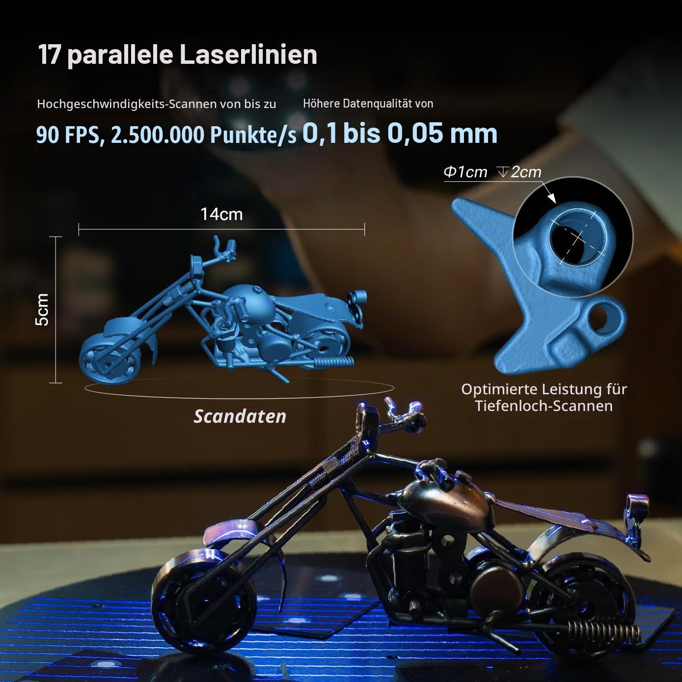 EINSTAR 2 3D-Scanner Kabellos, 17 Blaue Laserlinien & VCSEL-Infrarot, Sprayfrei Scannen auf Metall, 2.500.000 Punkte/s High-Speed, WiFi 6, 3h Akku, 3D-Laser-Scanner für CAD & 3D-Druck