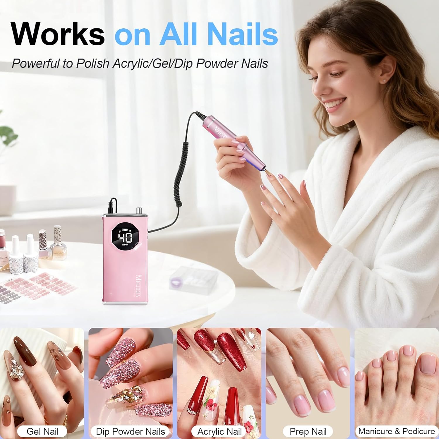 Electric Nail Drill File Professional 40000 RPM, Melodly Rechargeable Electric Nail File Machine Kit for Acrylic Gel Nails Polishing Removing, Portable Cordless Efile with Gold Bits Kit at Salon Home - Image 5