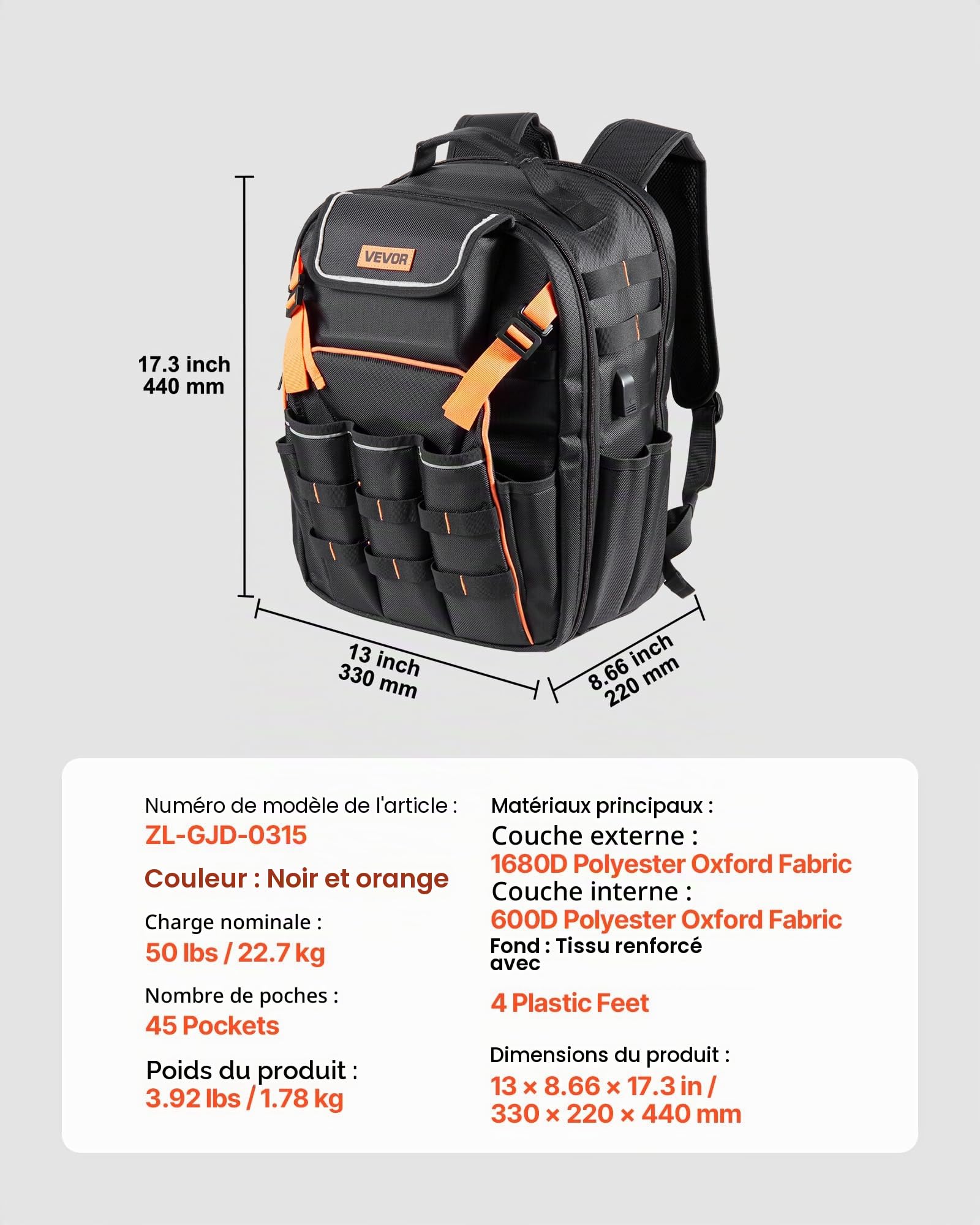 VEVOR Sac à Dos à Outils, Charge 22,7 kg, Sac à Outils, 33x22x44 cm, avec 45 Poches, Compartiment Ordinateur Portable, Base Stable, Organisateur à Outil Robuste pour Chantier, Électricien, Réparateur
