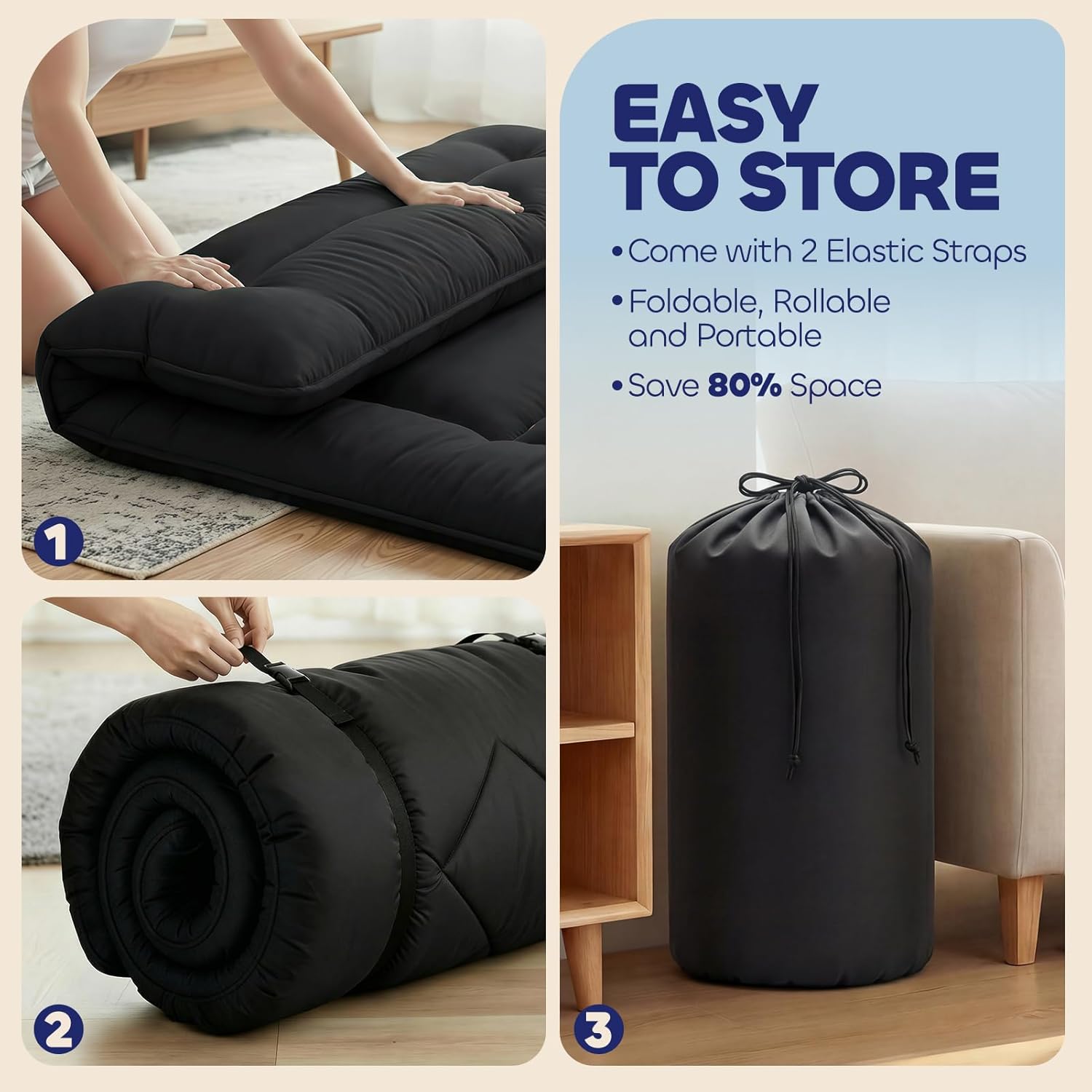 4" Thick Japanese Futon Mattress - Space Saving Foldable Floor Mat for Guests, Dorms & Kids Rooms, Portable Tatami Mat with Firm Support & Carry Strap Twin
