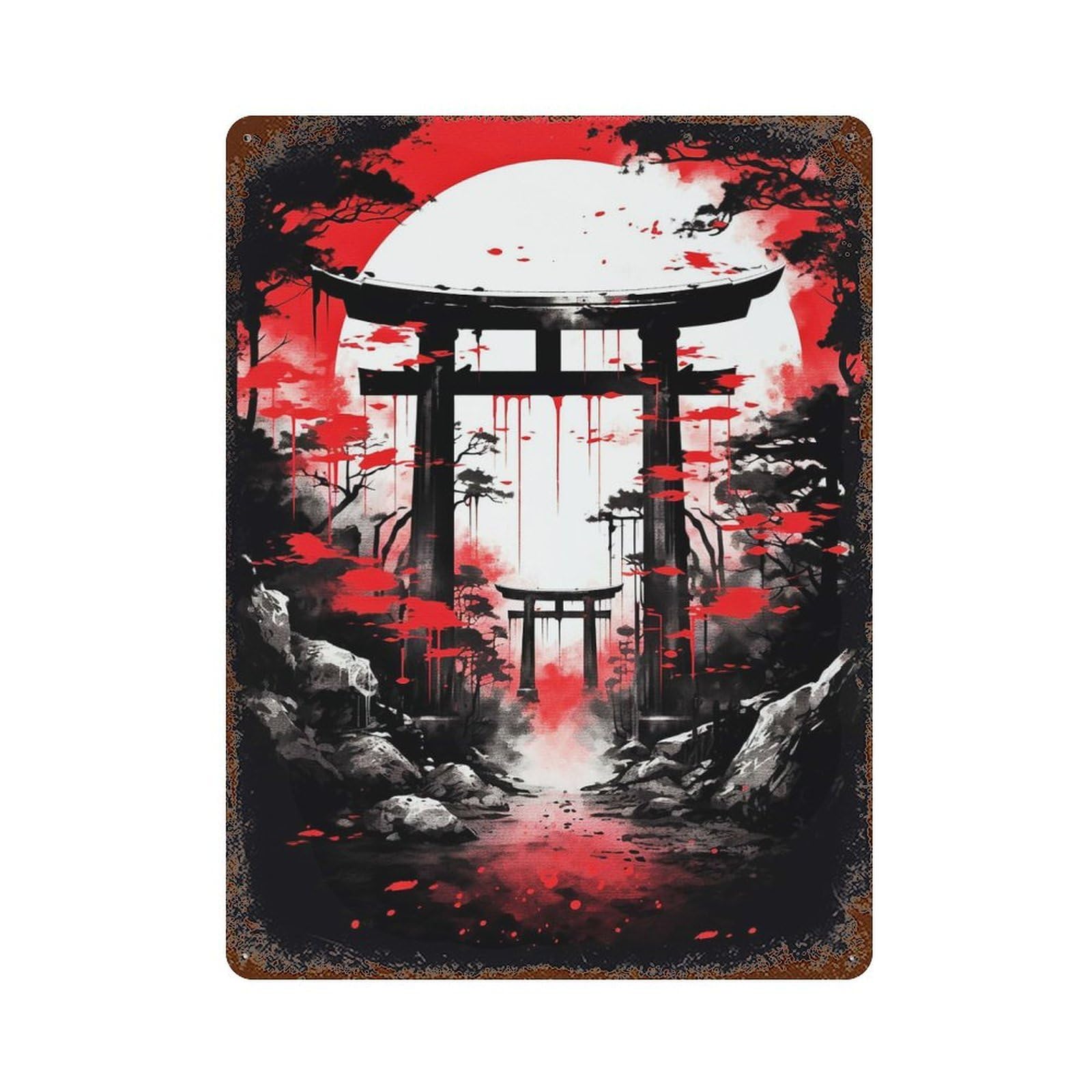Vintage Rust Metal Sign with Mystical Japanese Gate Design 15.7"x11.8", for Shed, Workshop And Garage Wall Decor, Classic Wall Plaque