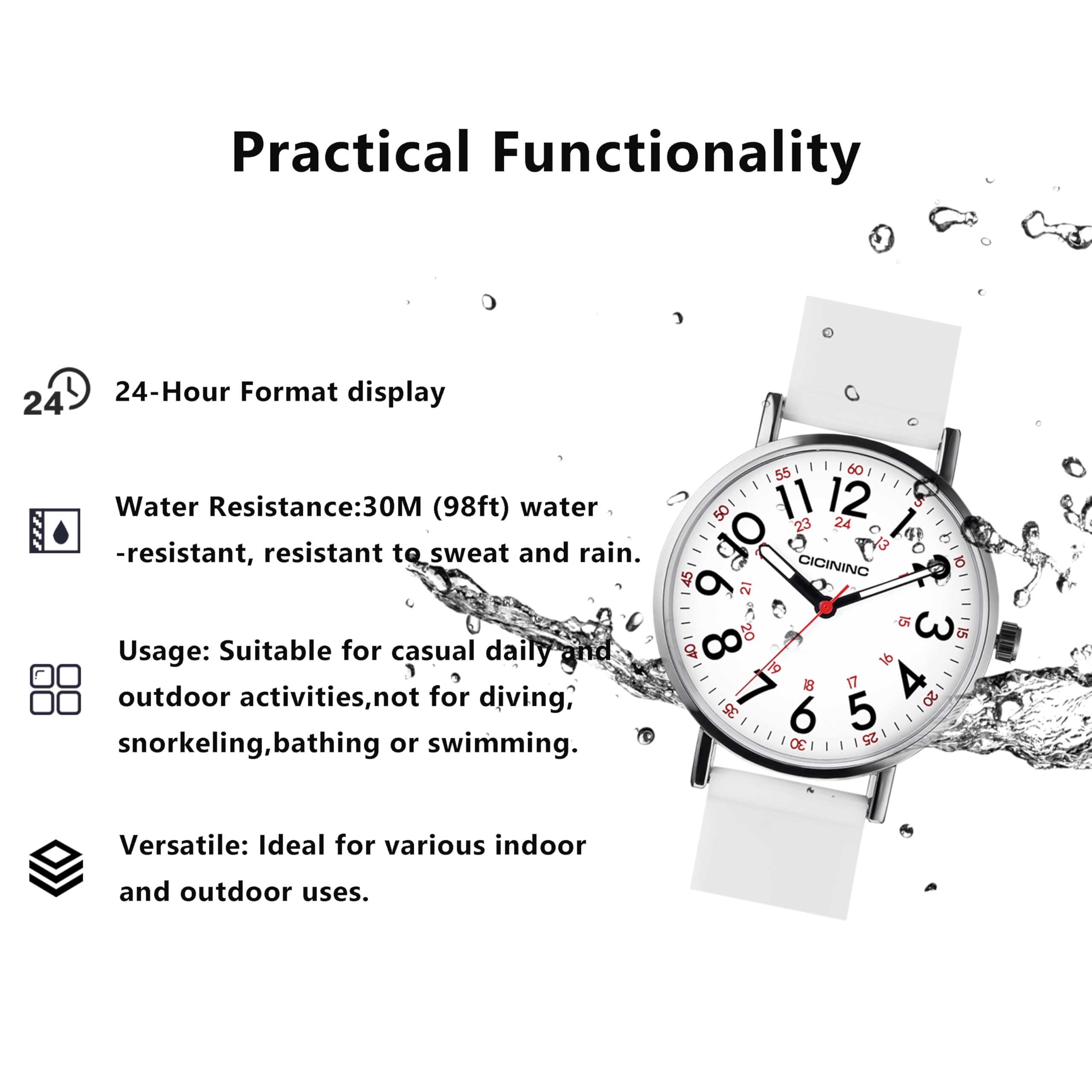 Nurse Watch for Medical Professionals Students Women Men, Analog Nursing Watches with 12/24 Hour Military Time, Second Hand, Easy to Read, Colorful Silicone Band