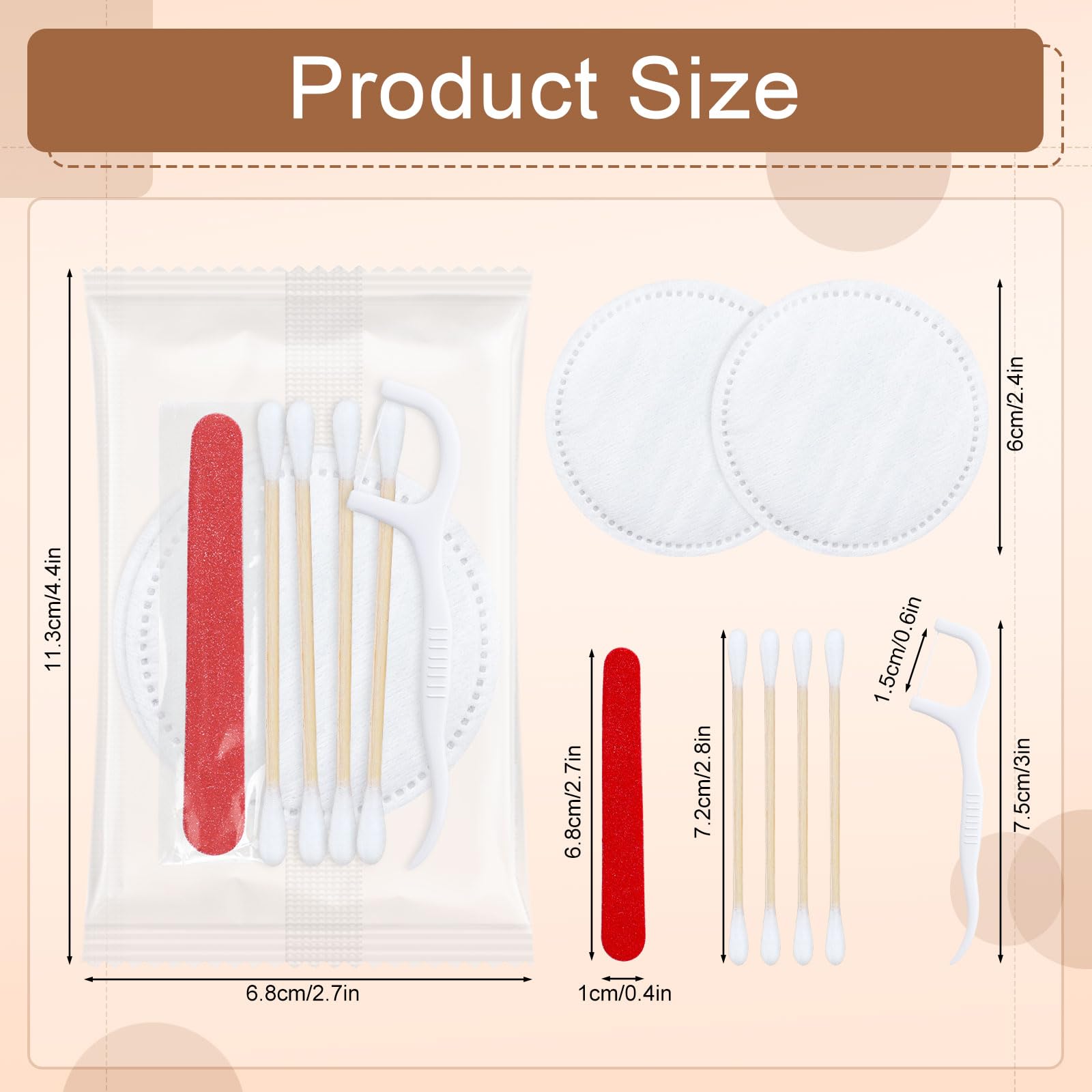Kits de tocador a granel, tocador de hotel empaquetado individualmente, kit de tocador con almohadillas de algodón, hisopos de algodón, hilo dental y lima de uñas (100 piezas)