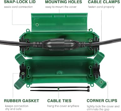 Flemoon 3 Pack Outdoor Extension Cord Safety Cover with Waterproof Seal, Weatherproof Electrical Connection Box for Outdoor Outlets, Plugs, Sockets, Holiday Decorations, Power Tools, Fountains, Green