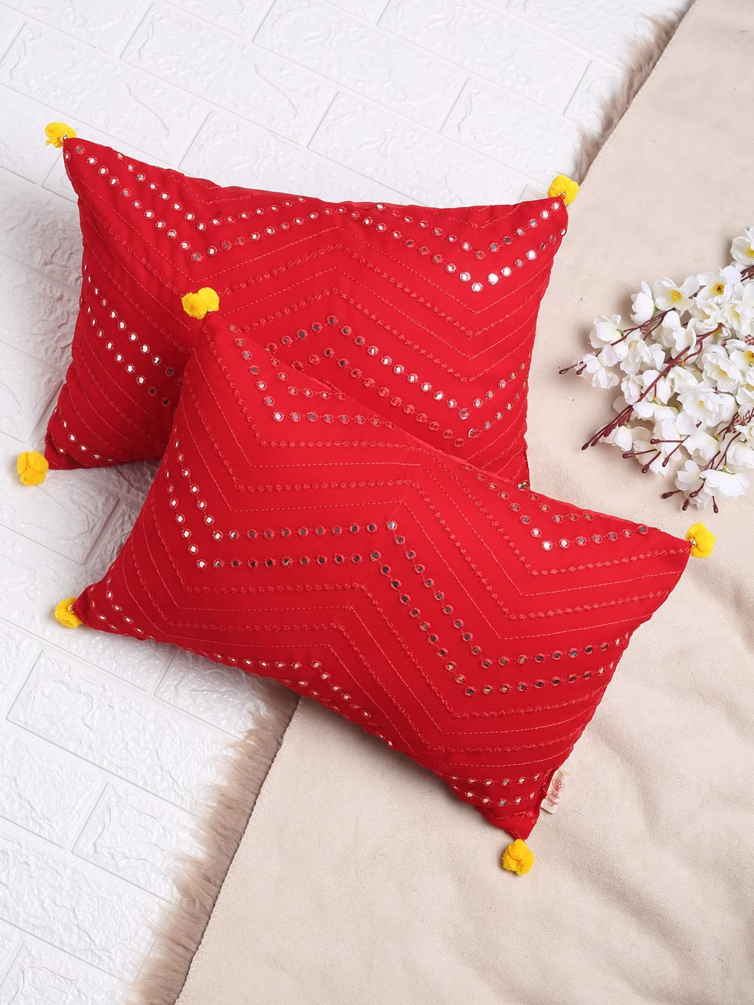 Saka Designs Set of 2 Red Embroidered Mirror Work Cushion Cover