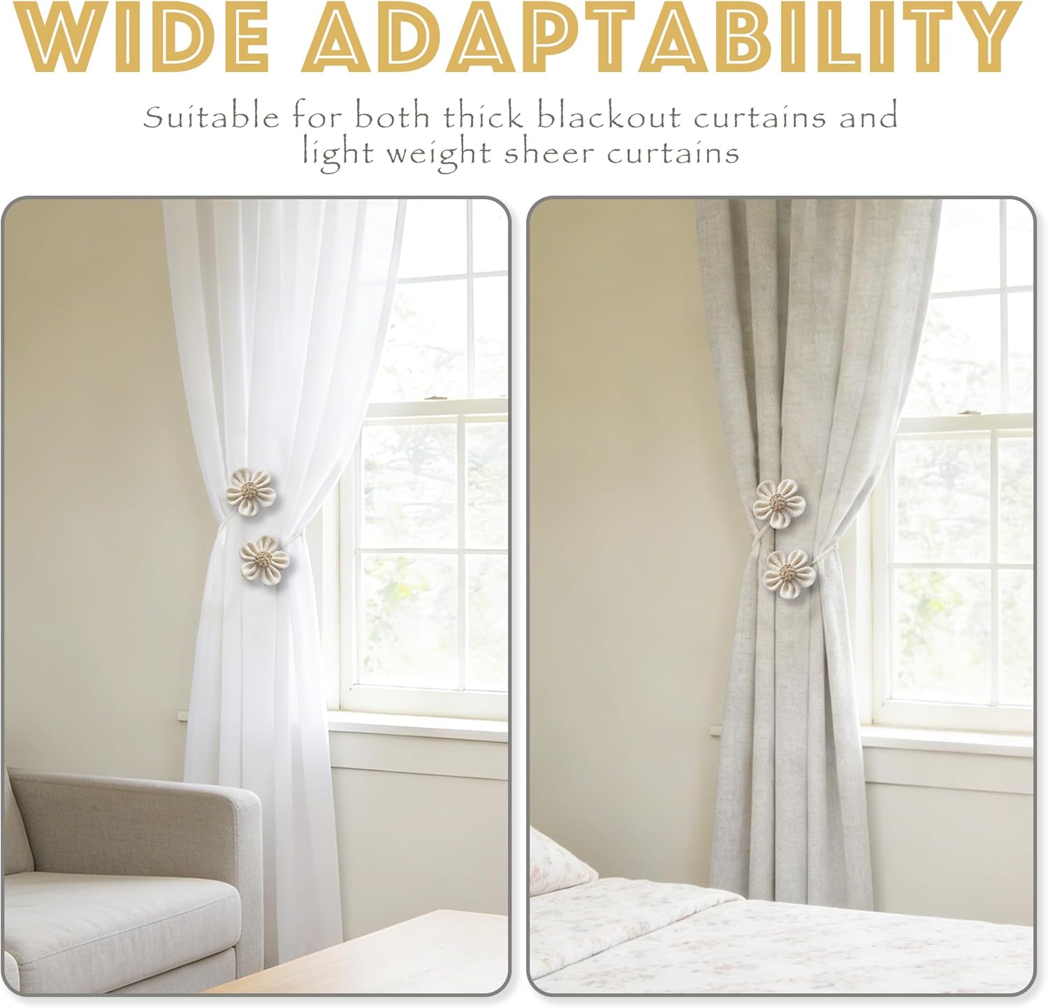 Curtain Tiebacks for Curtains Boho Holdbacks for Drapes, Farmhouse Jute Rope Tie Backs with Flower Decor, Window Curtain Accessories Holders for Indoor Outdoor Use, Set of 4