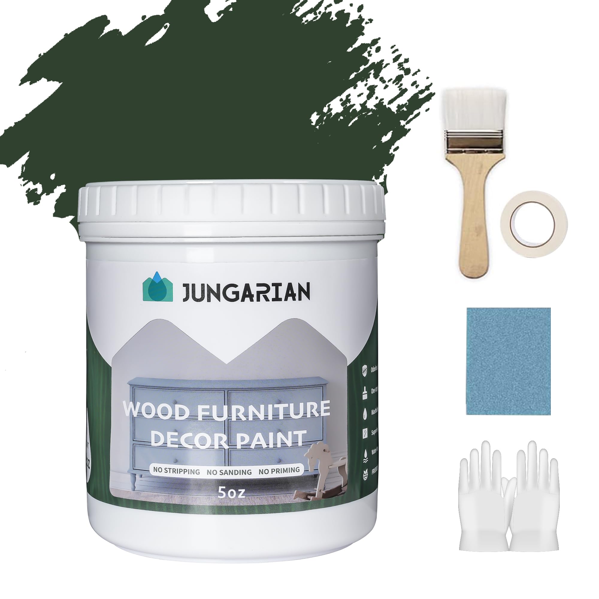 Furniture Paint Kit 5oz with Tools - Water-based & Low Odor All-in-One No Sanding - Matte Finish Indoor Outdoor Wood Paint for Cabinets, Doors, Tables and Dressers, Evergreens