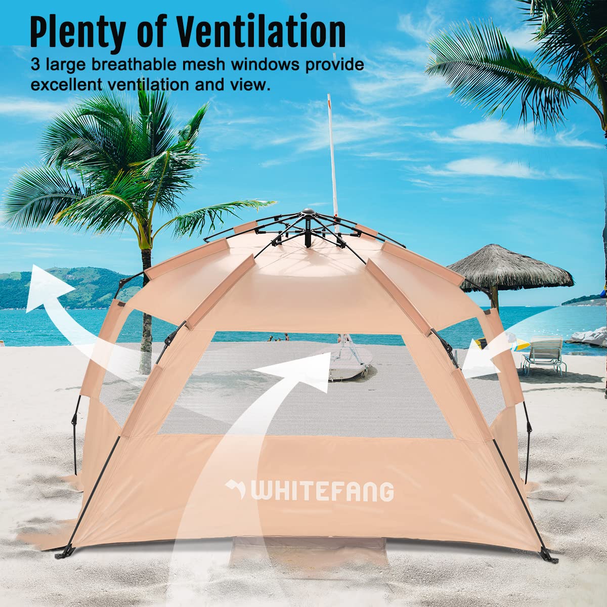 WhiteFang Deluxe XL rozkładany namiot plażowy dla 3-4 osób, ochrona przed promieniowaniem UV, wysuwana podłoga z 3 wentylowanymi oknami plus torba transportowa, słupki i linie napinające (Hami Melon)