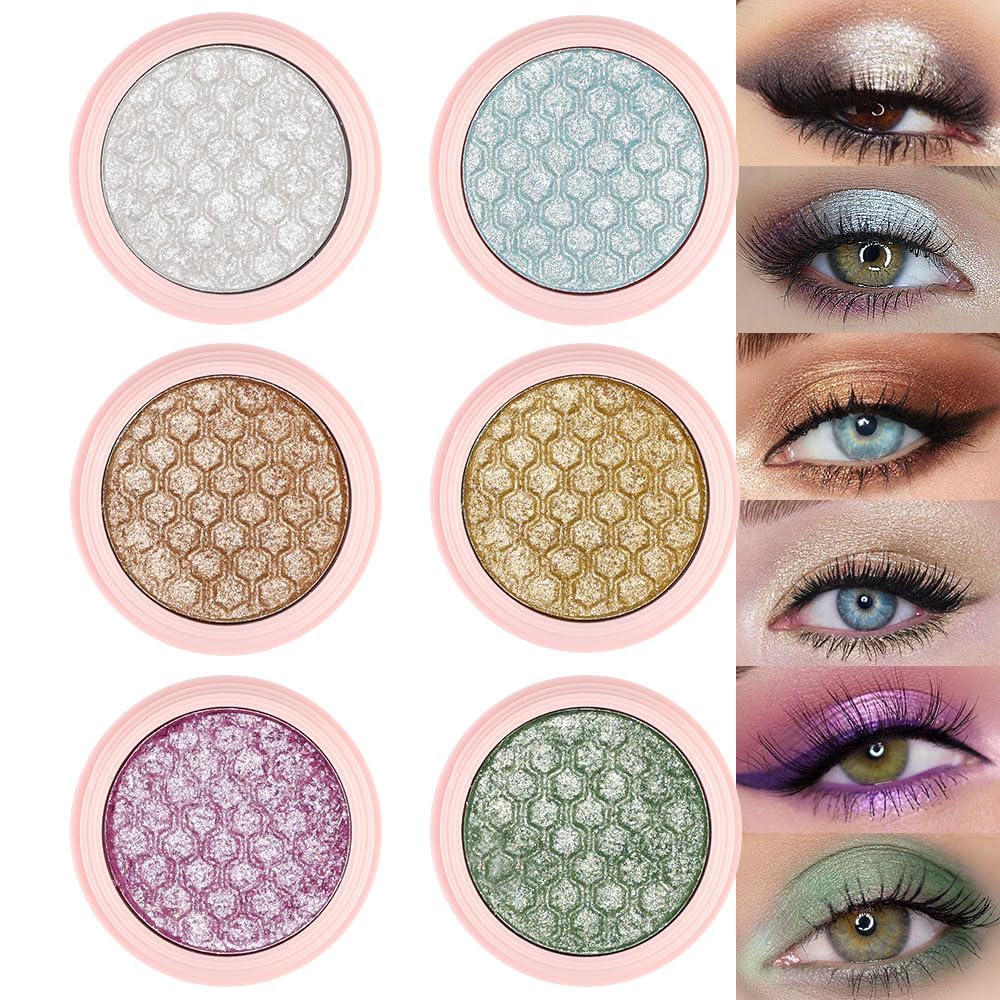 Sparkling Eyeshadow, 6 Color Glitter Shimmer Shiny Metallic Eye Shadow Makeup Palette, Highly Pigmented Waterproof Pearl white Light blue Bronzer Brown Gold Green Purple Pink Green Glitter Shimmer
